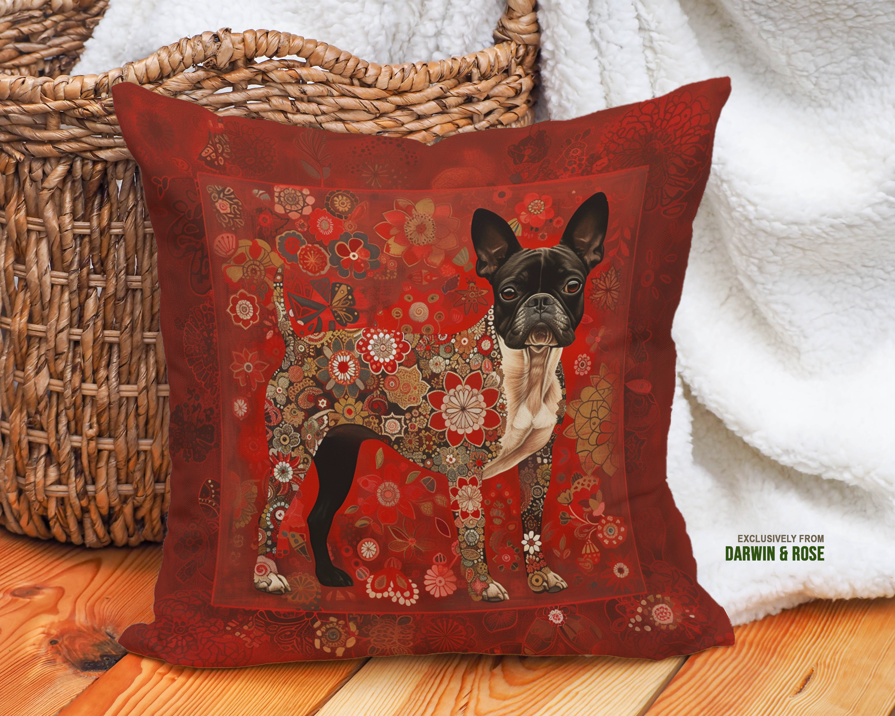 Boston Terrier Floral Boho Throw Pillow – Bold Red Accent Décor