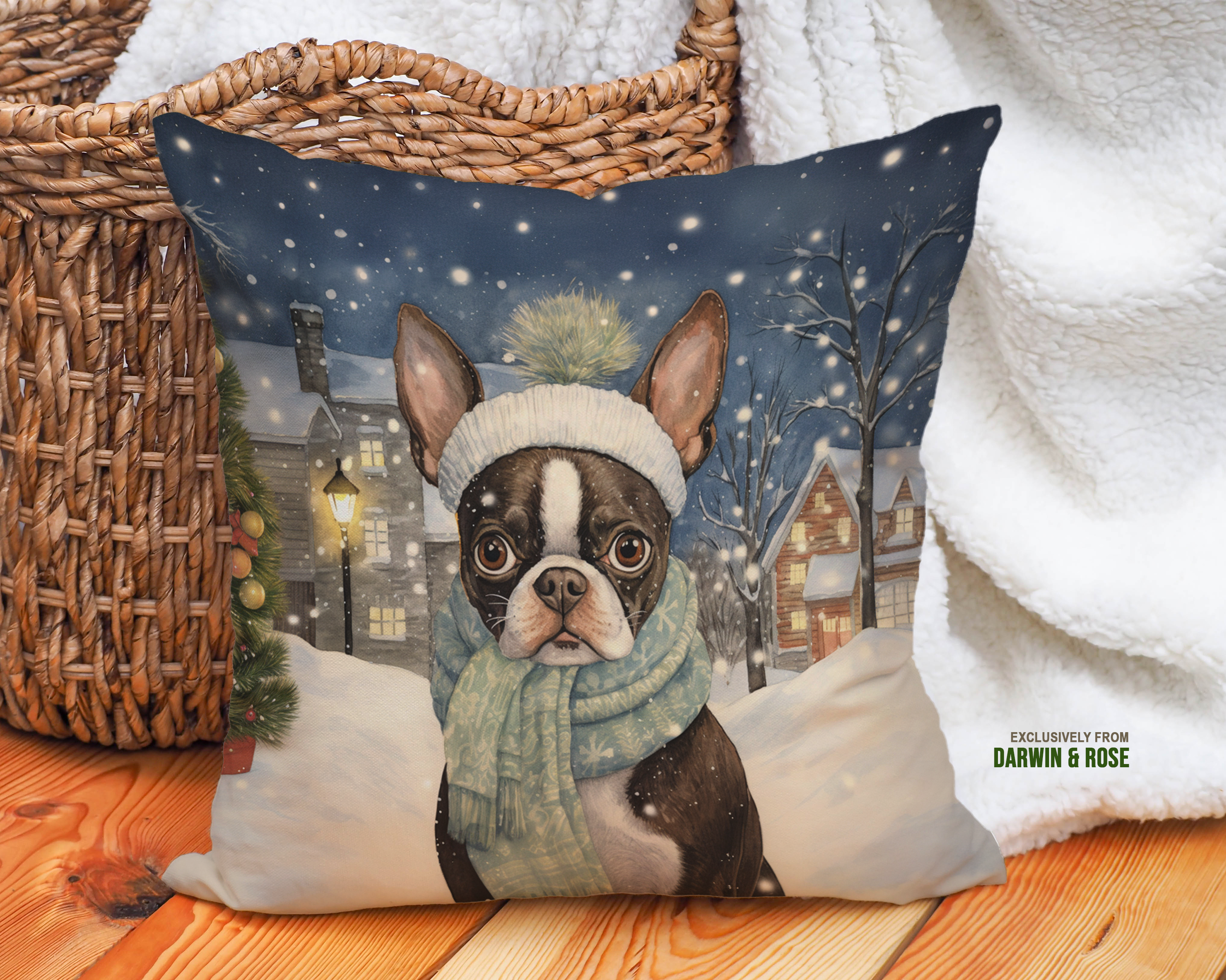 Boston Terrier Winter Wonderland Throw Pillow