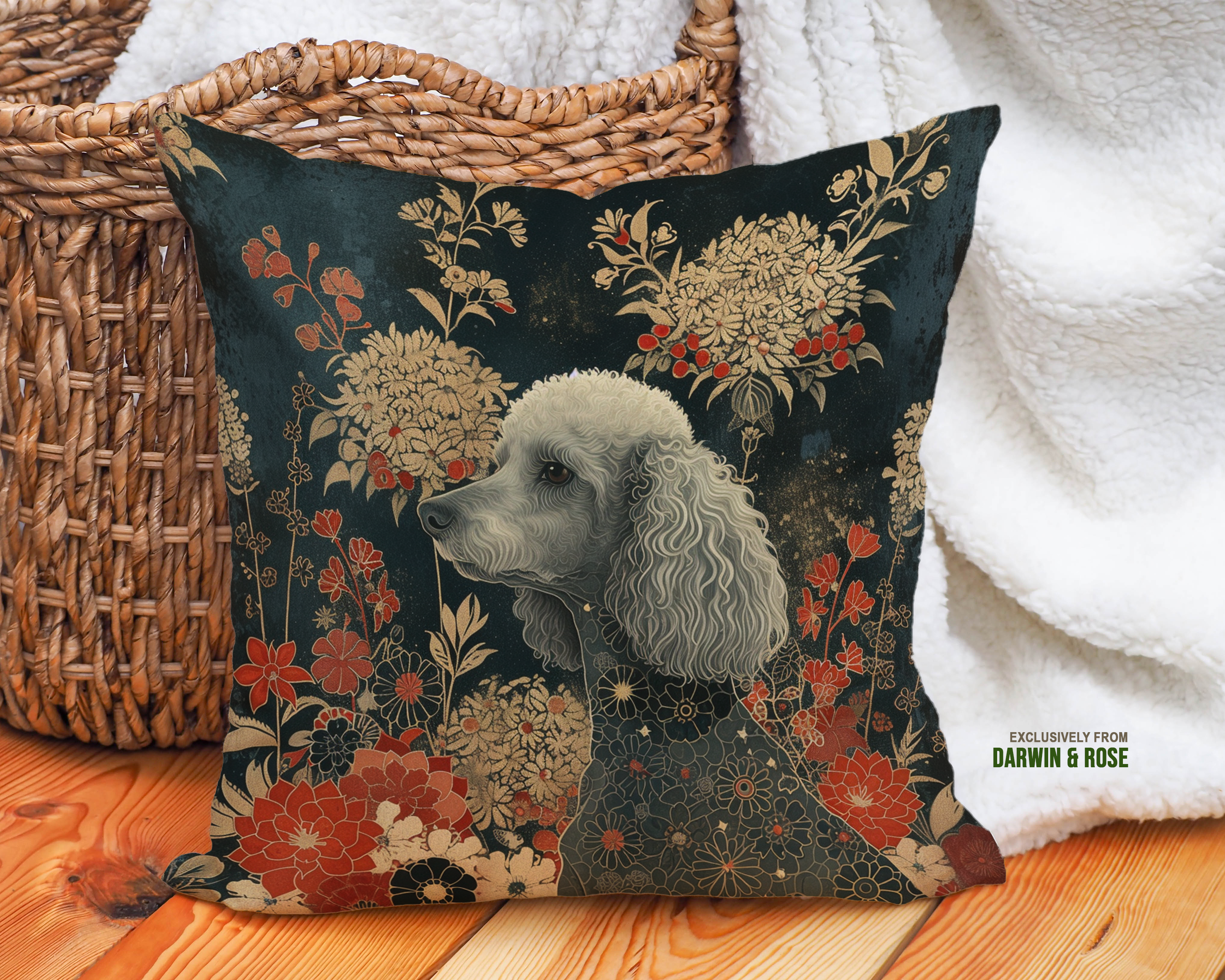 Elegant Poodle Bloom Throw Pillow – Vintage Floral Design