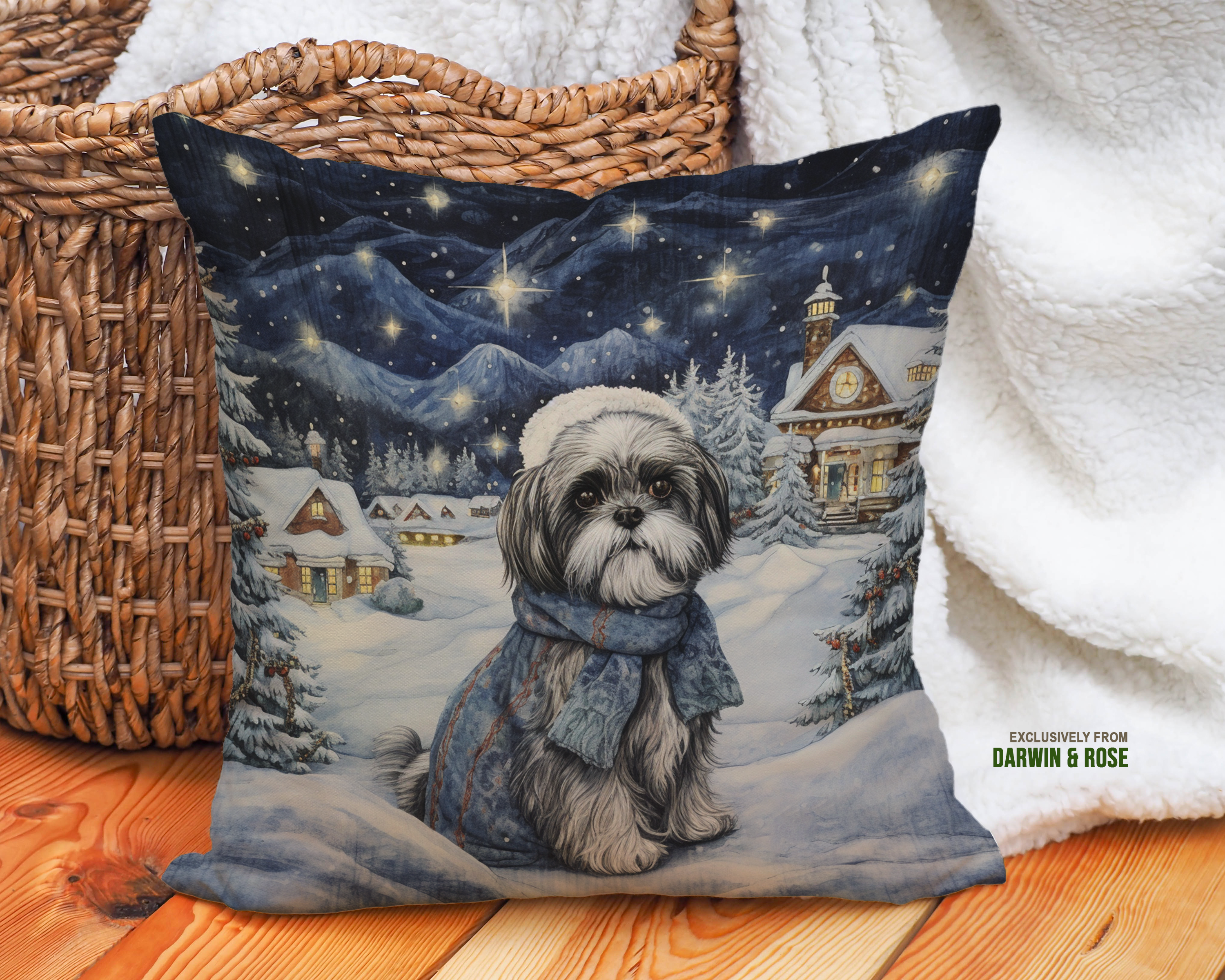 Cozy Winter Wonderland Shih Tzu Throw Pillow – Farmhouse Christmas Decor