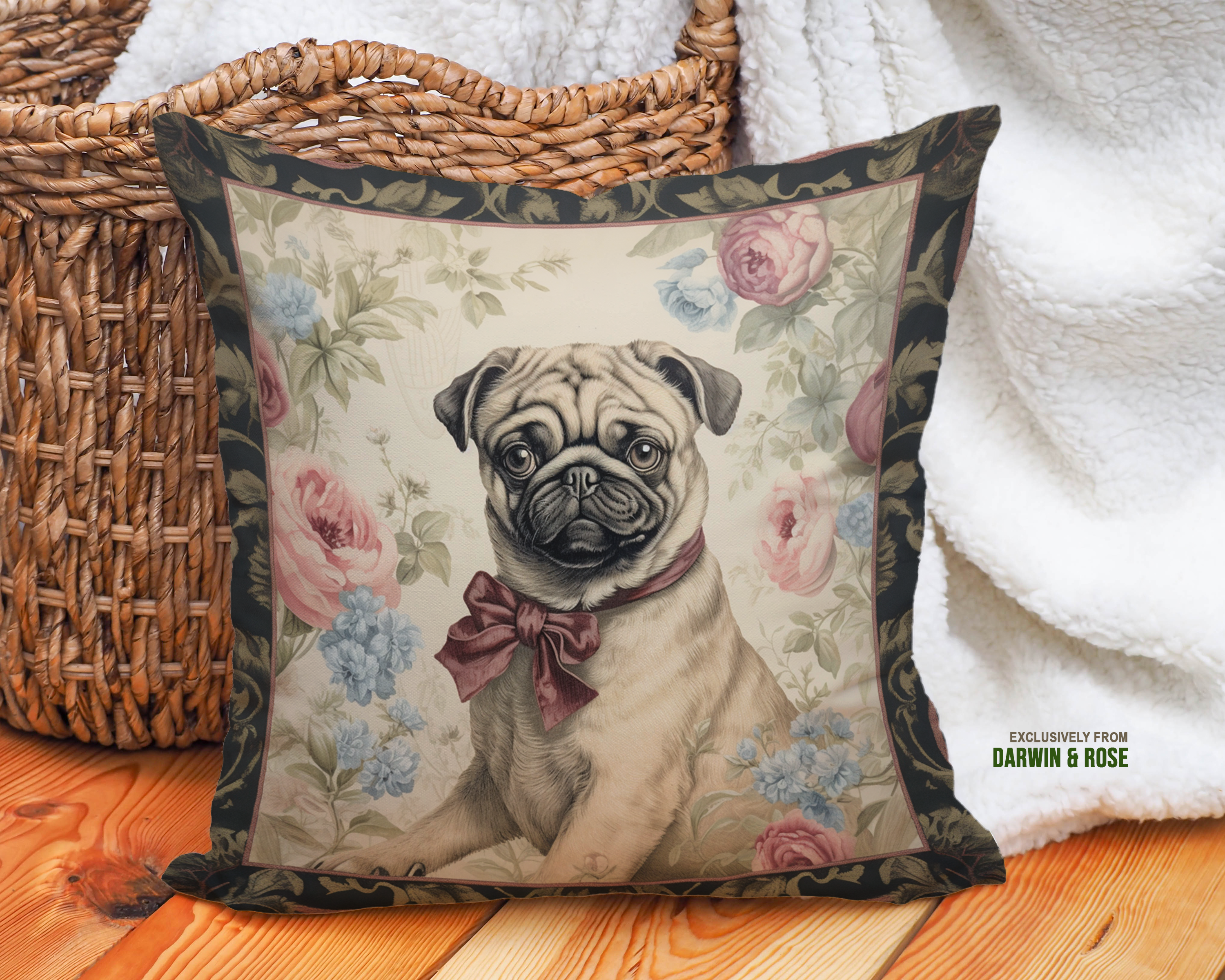 Vintage Pug Portrait Throw Pillow with Floral Elegance – Victorian Style Decor