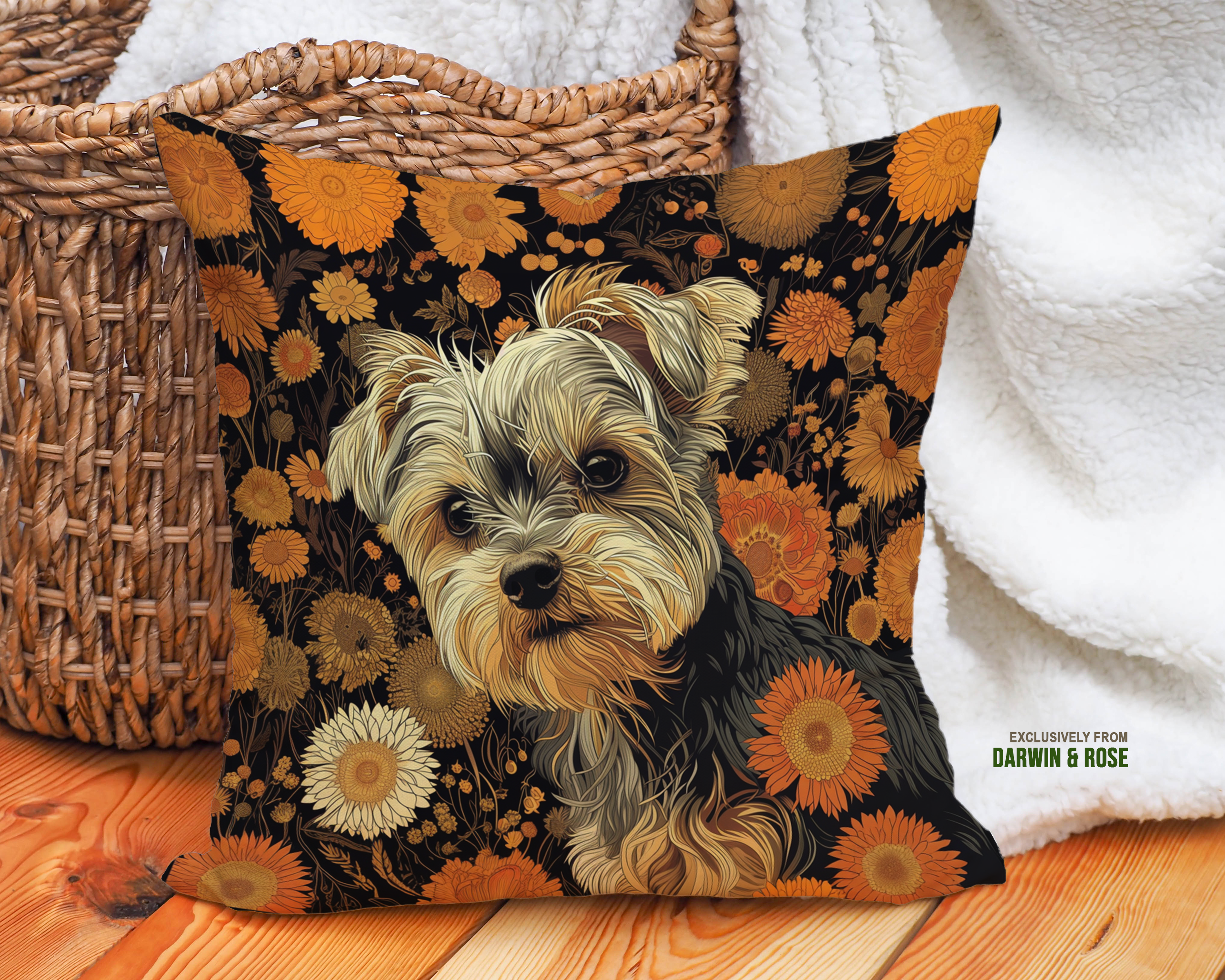 Yorkshire Terrier Autumn Blooms Throw Pillow - Modern Floral Decor