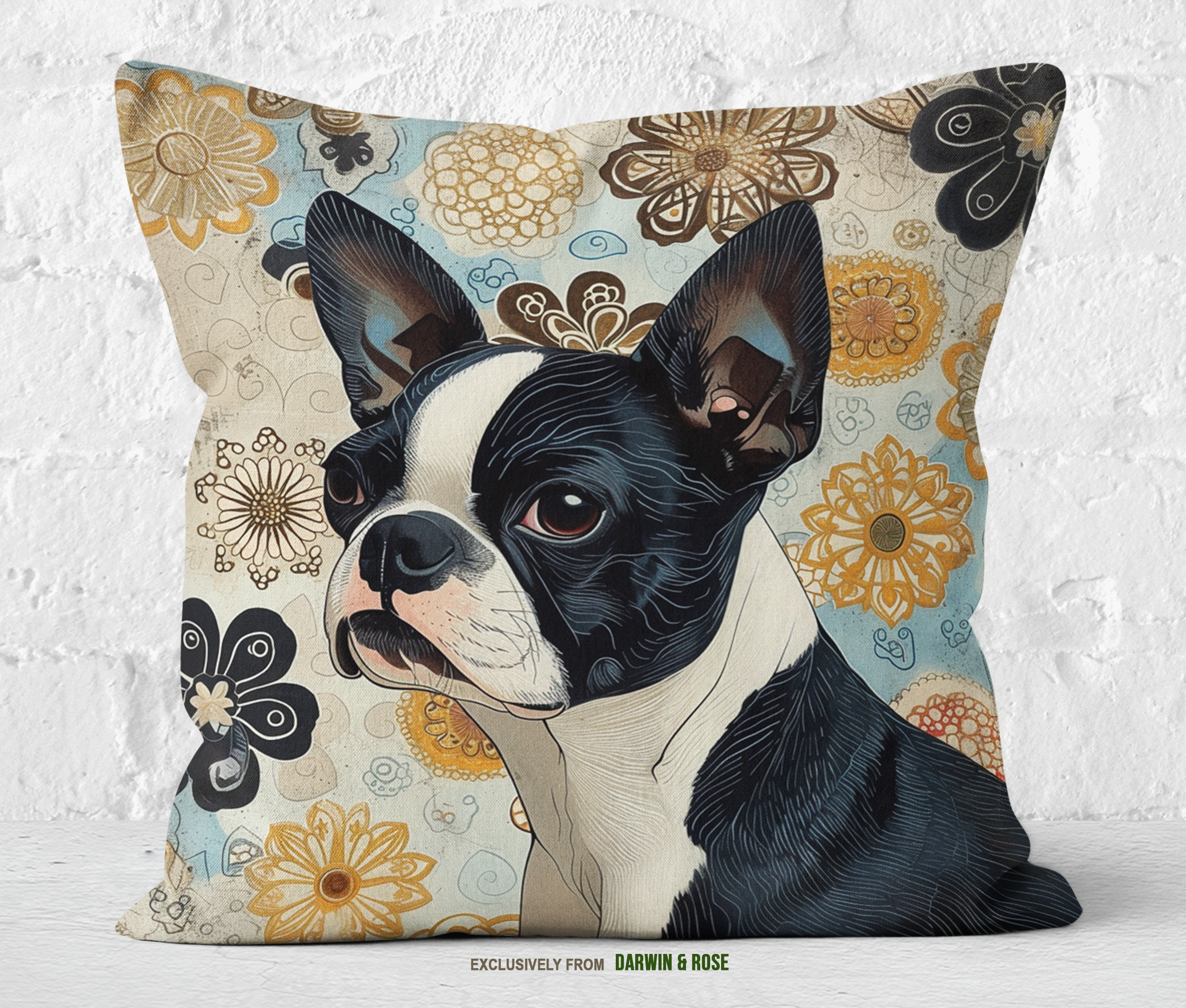 Boston Terrier Floral Bliss Throw Pillow – Modern Boho Style
