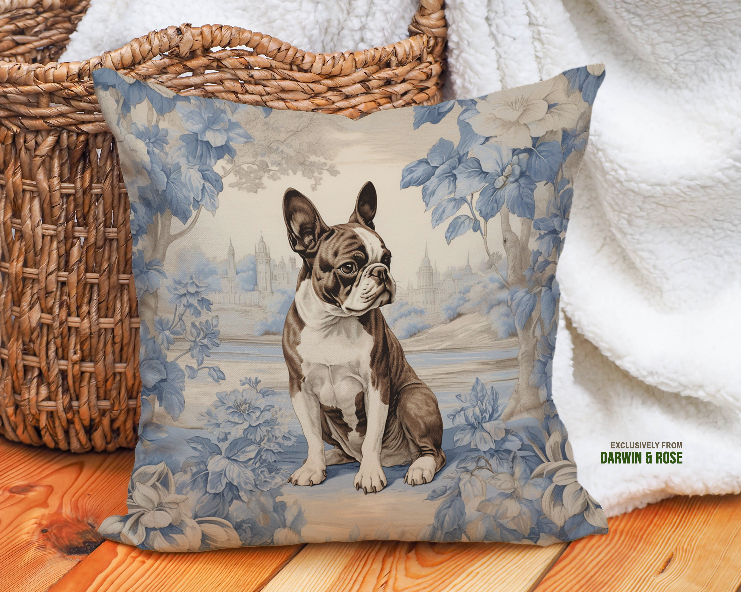 Brown Boston Terrier Toile-Inspired Throw Pillow – Classic French Country Style