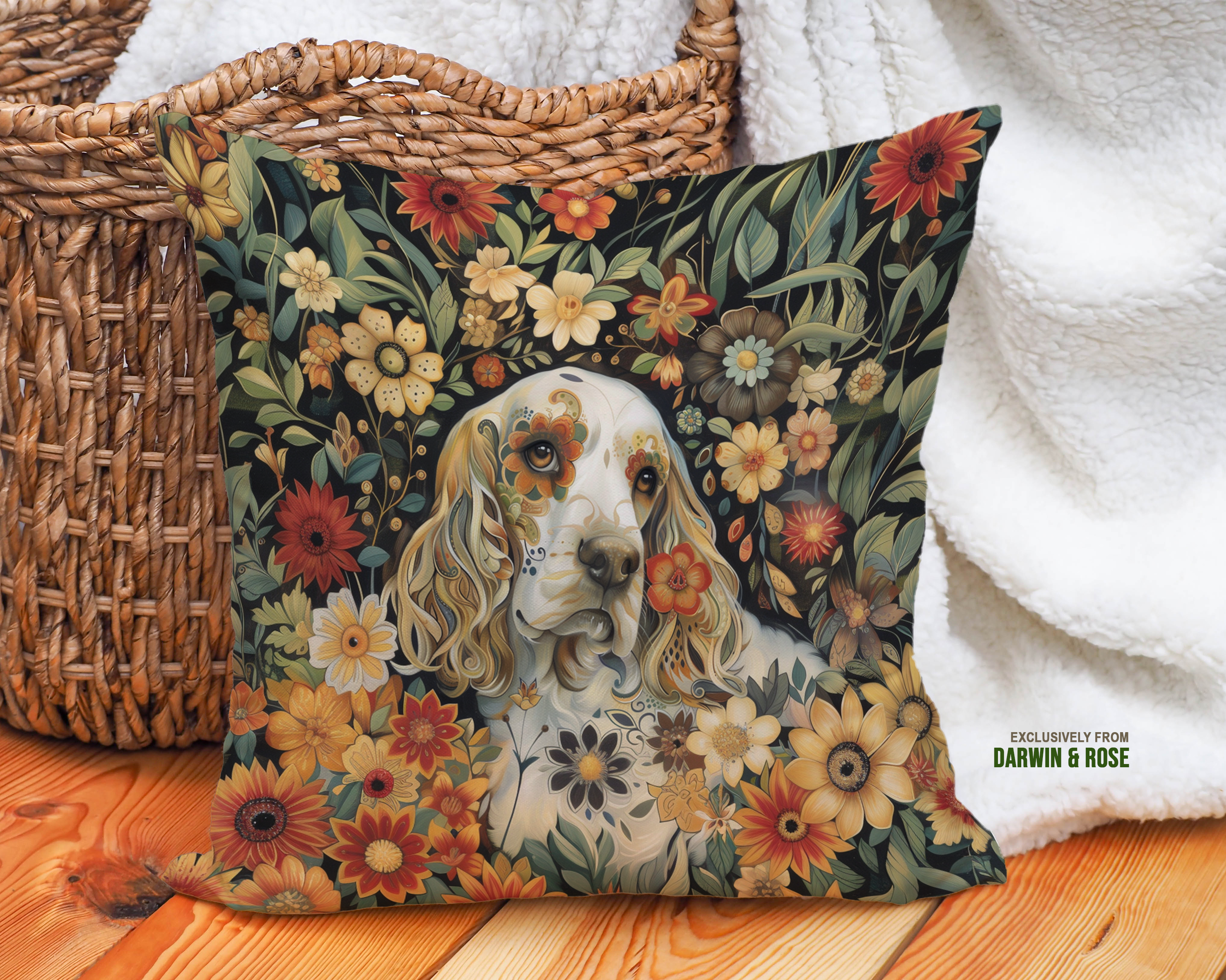 Floral Elegance Cocker Spaniel Throw Pillow – Boho Autumn Design