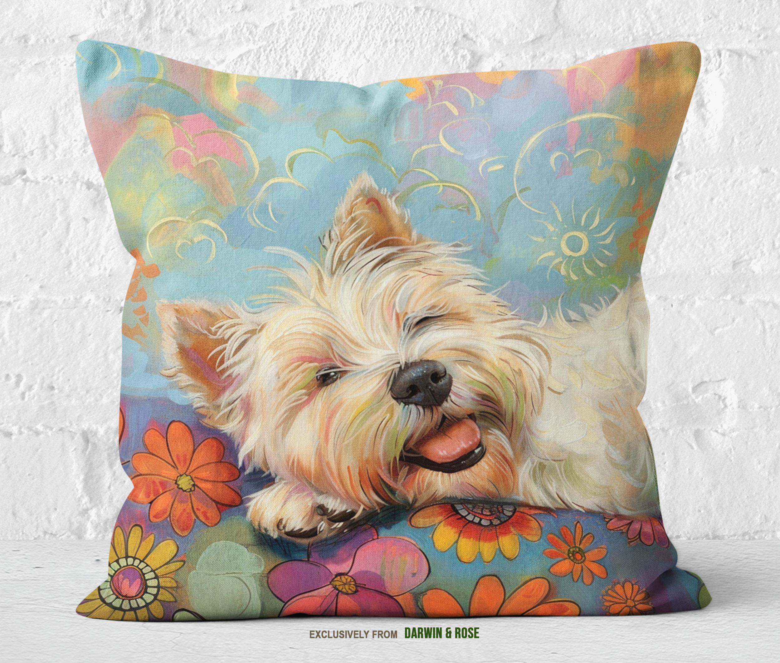 West Highland White Terrier (Westie) Floral Boho Throw Pillow