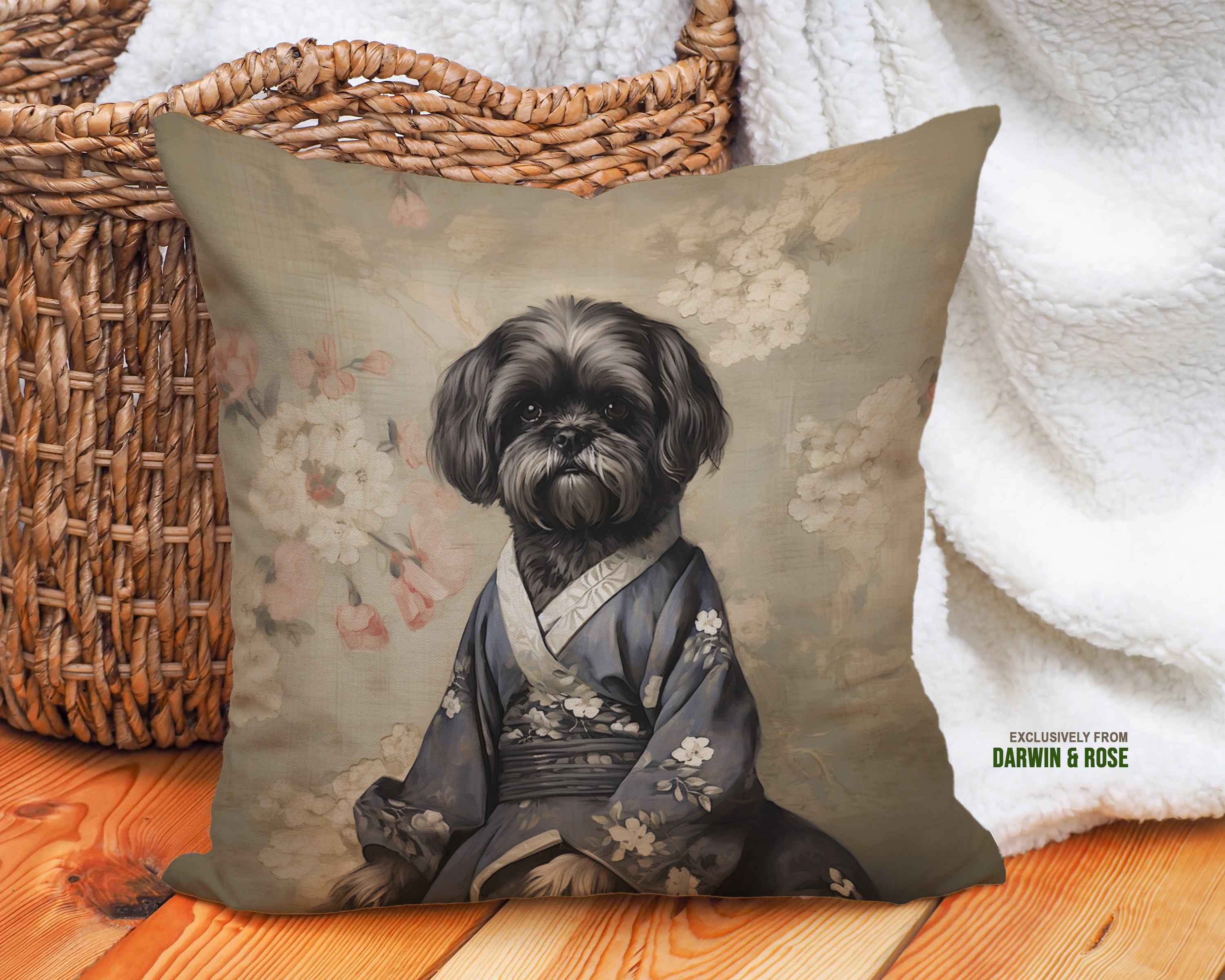 Shih Tzu Elegance: Vintage Floral Kimono Throw Pillow