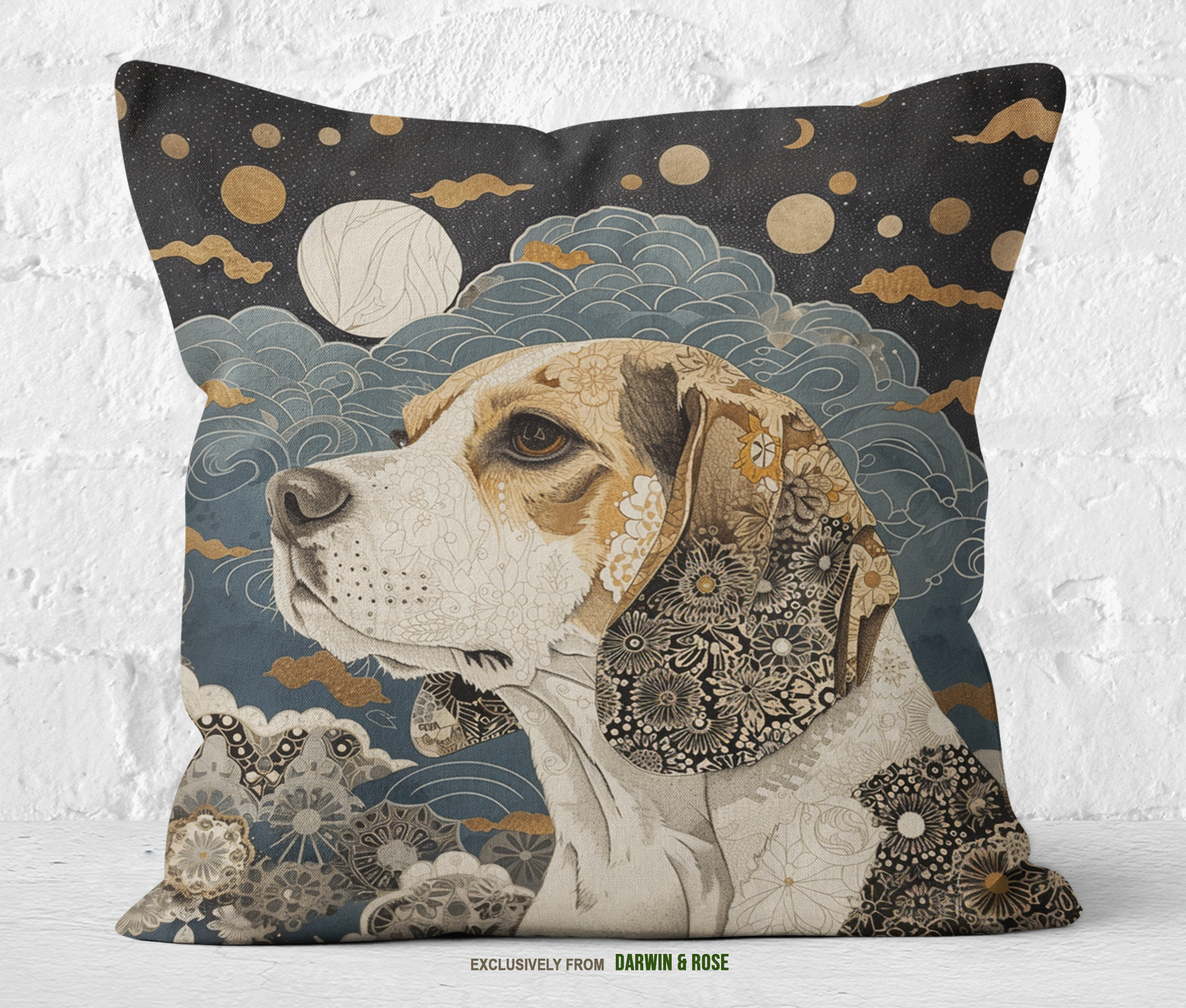 Majestic Moonlit Beagle Boho Throw Pillow – Modern Artistic Décor