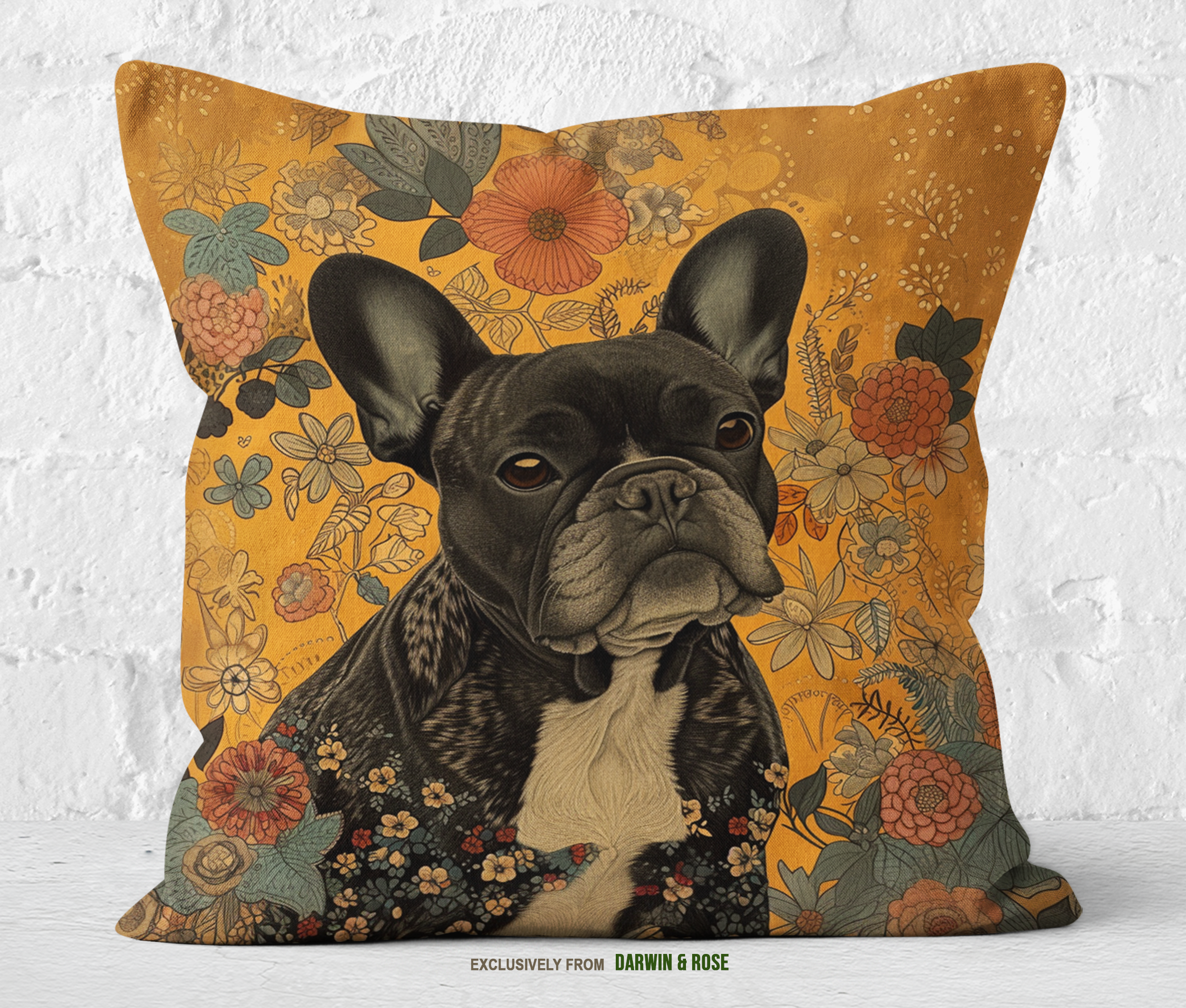 Floral French Bulldog Accent Pillow – Boho Chic Dog Lover Décor
