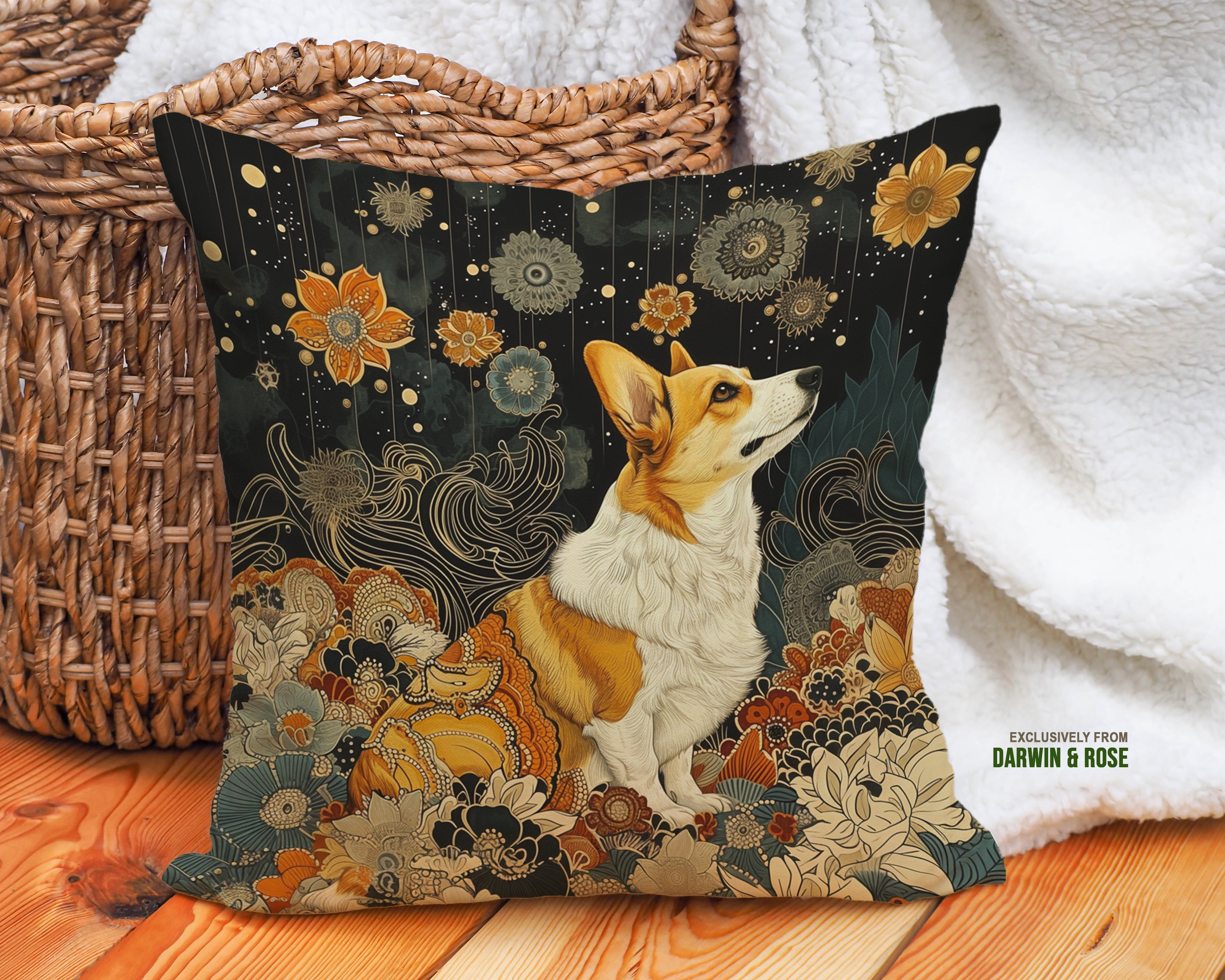 Whimsical Night Garden Pembroke Welsh Corgi Modern Throw Pillow