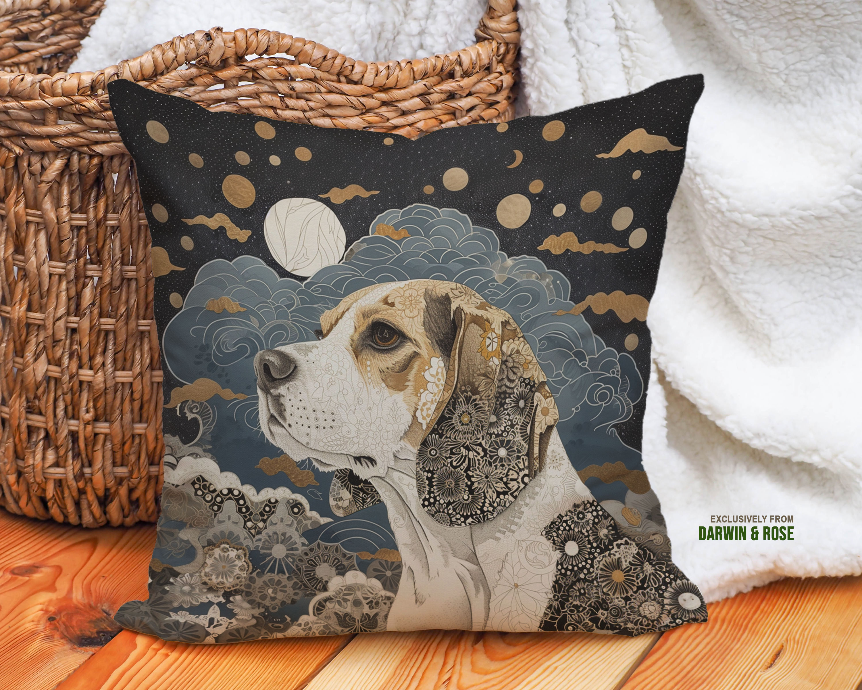 Majestic Moonlit Beagle Boho Throw Pillow – Modern Artistic Décor