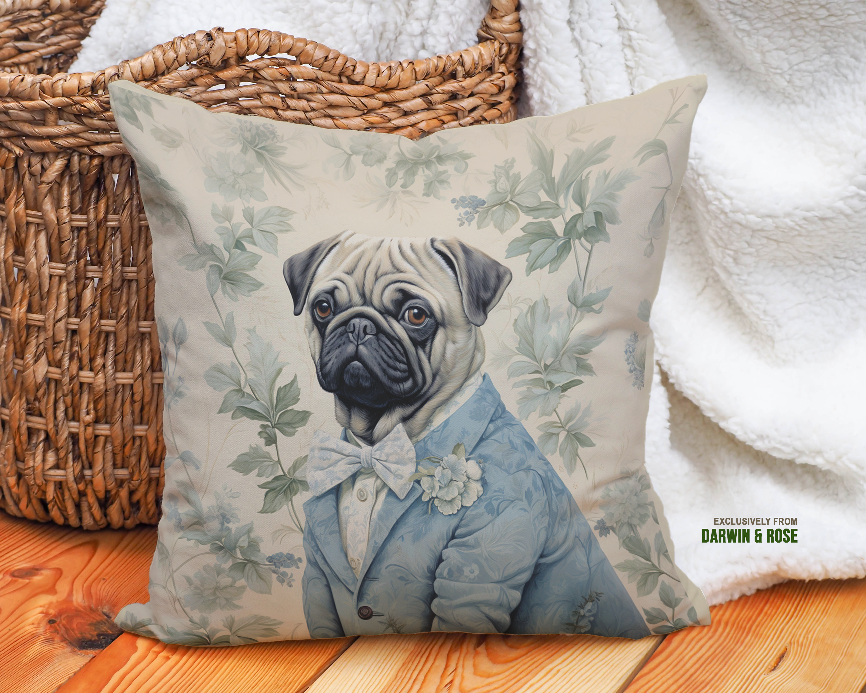 Pug in Elegant Blue Suit Throw Pillow – Vintage-Inspired Boho Décor