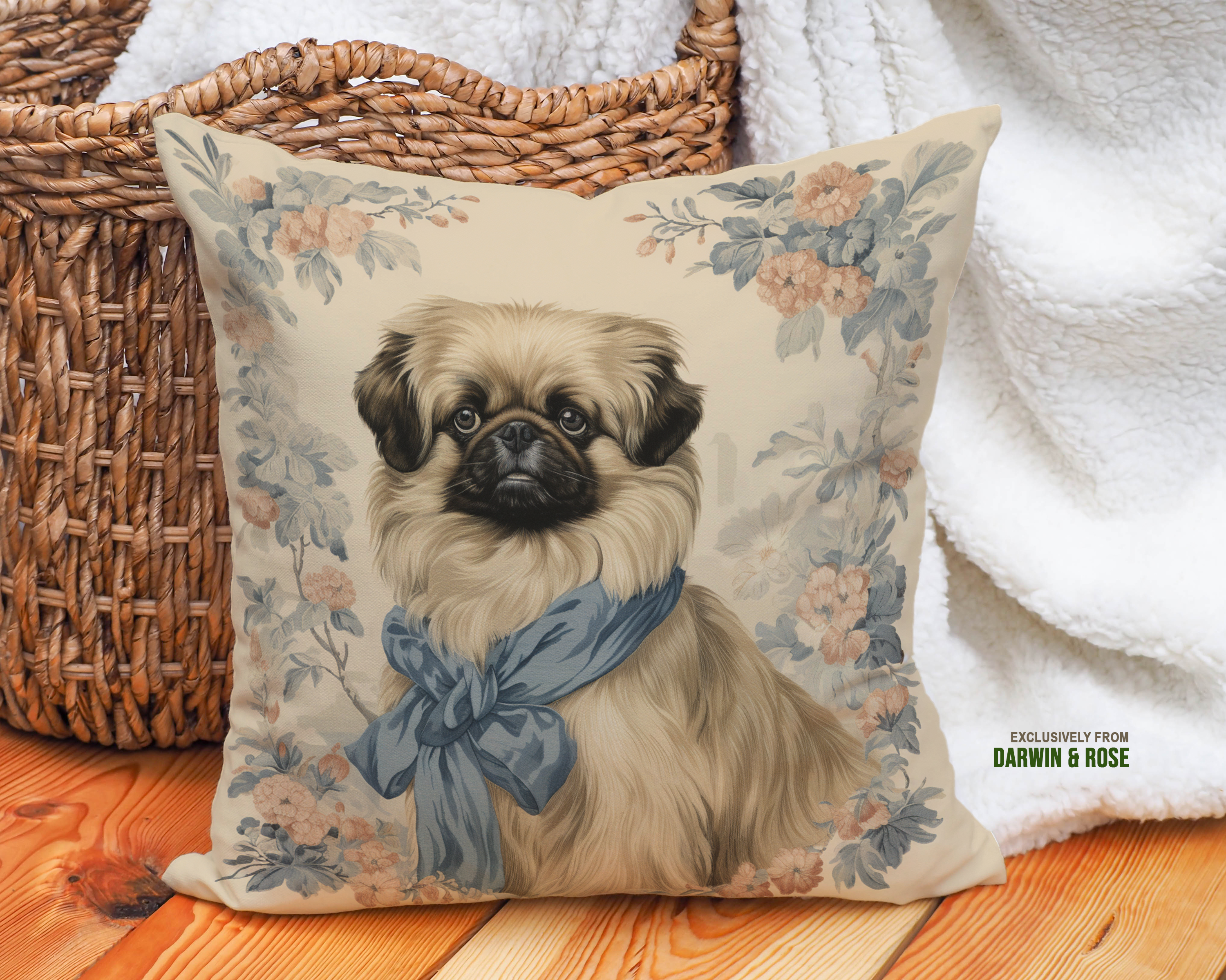 Pekingese Elegance Throw Pillow – Vintage Floral Boho Style