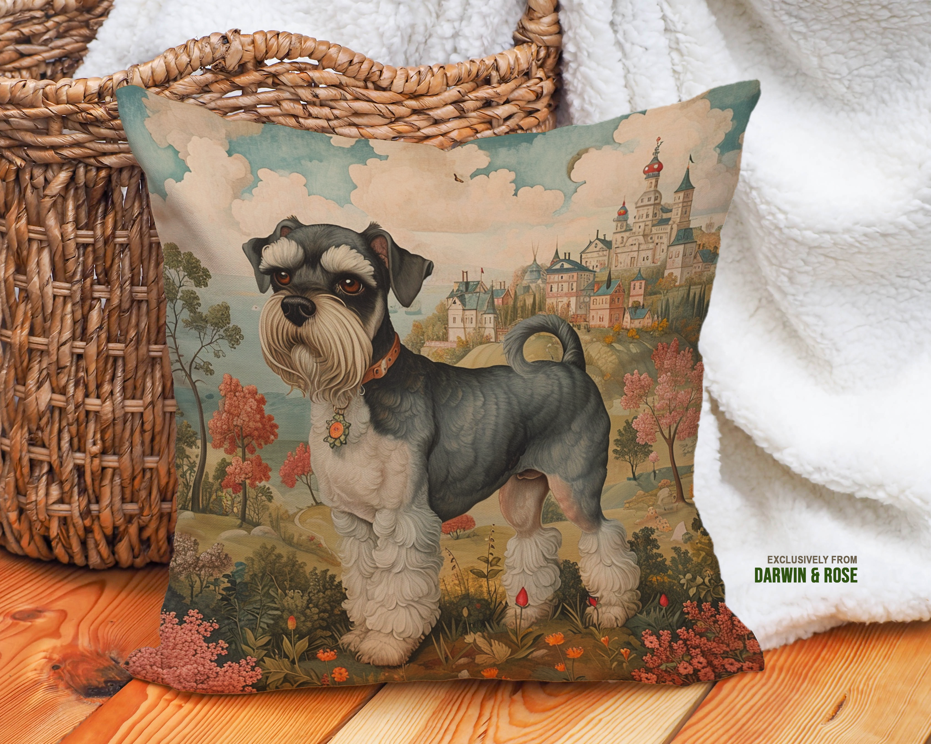 Victorian Charm Miniature Schnauzer Throw Pillow – Whimsical Farmhouse Style