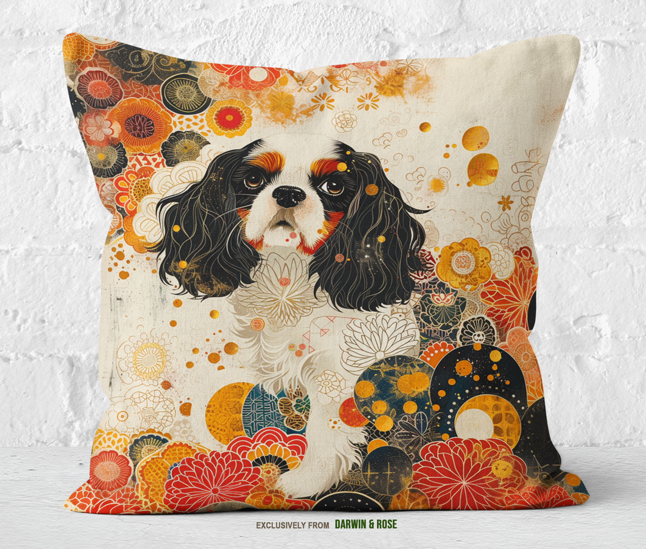 Cavalier King Charles Spaniel Floral Boho Throw Pillow