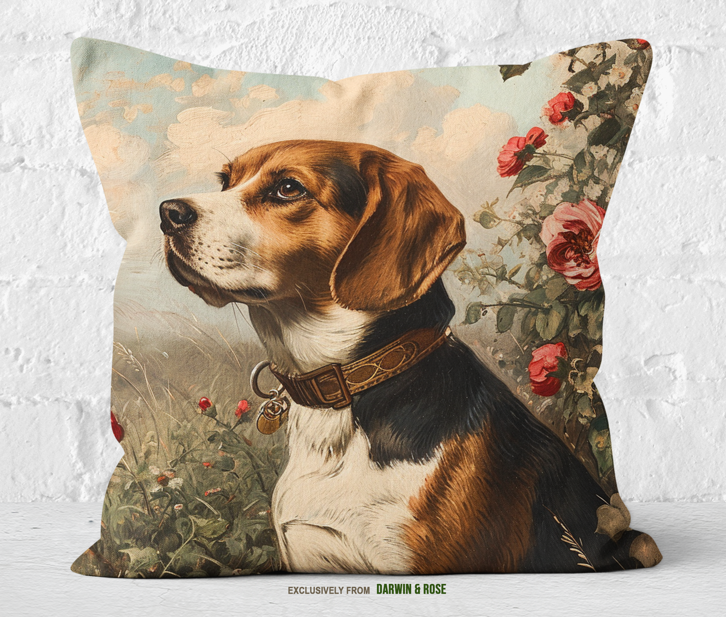 Beagle Bliss Farmhouse Throw Pillow – Rustic Floral Charm for Dog Lovers