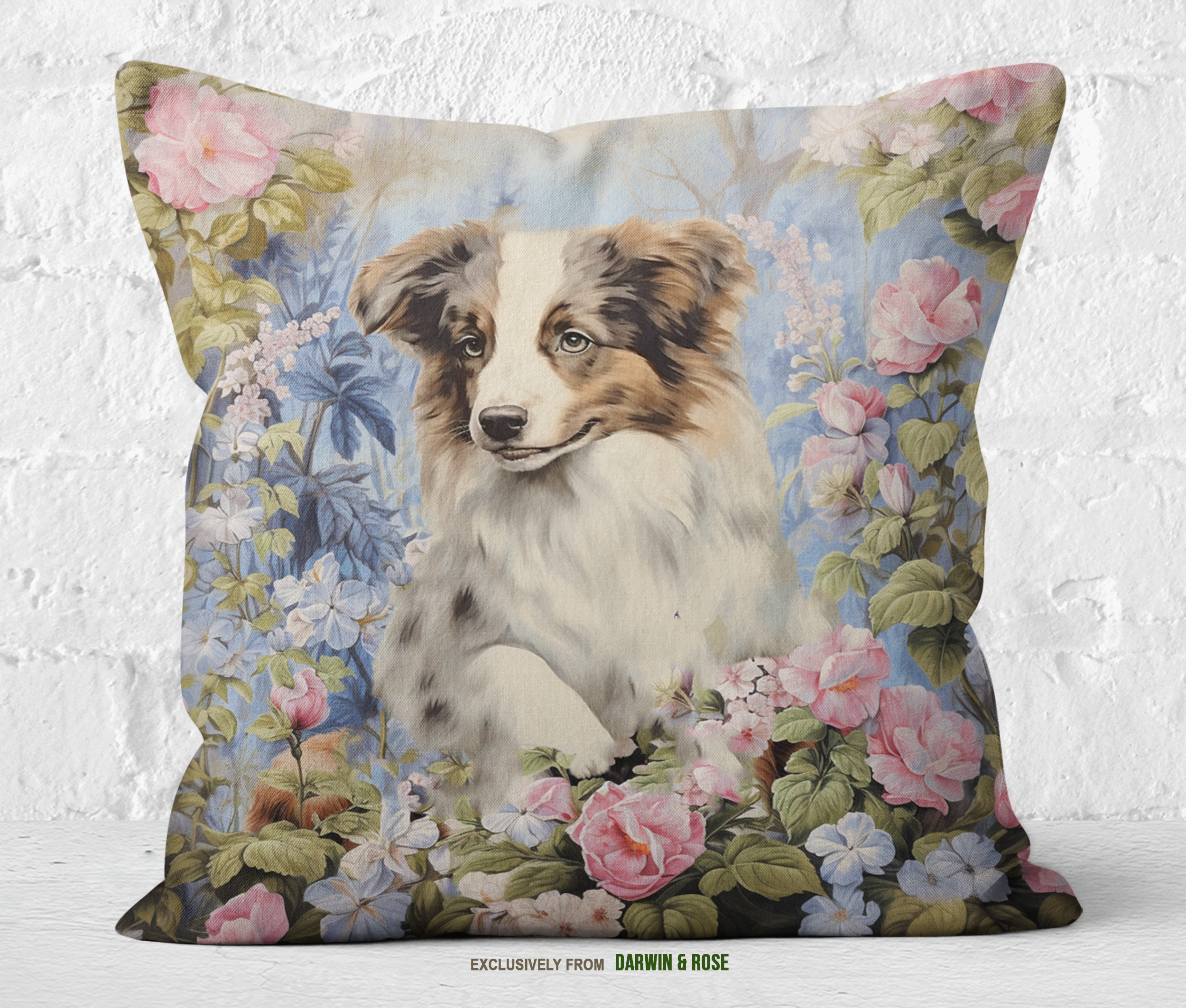 Australian Shepherd Floral Elegance Throw Pillow – Romantic Cottagecore Décor