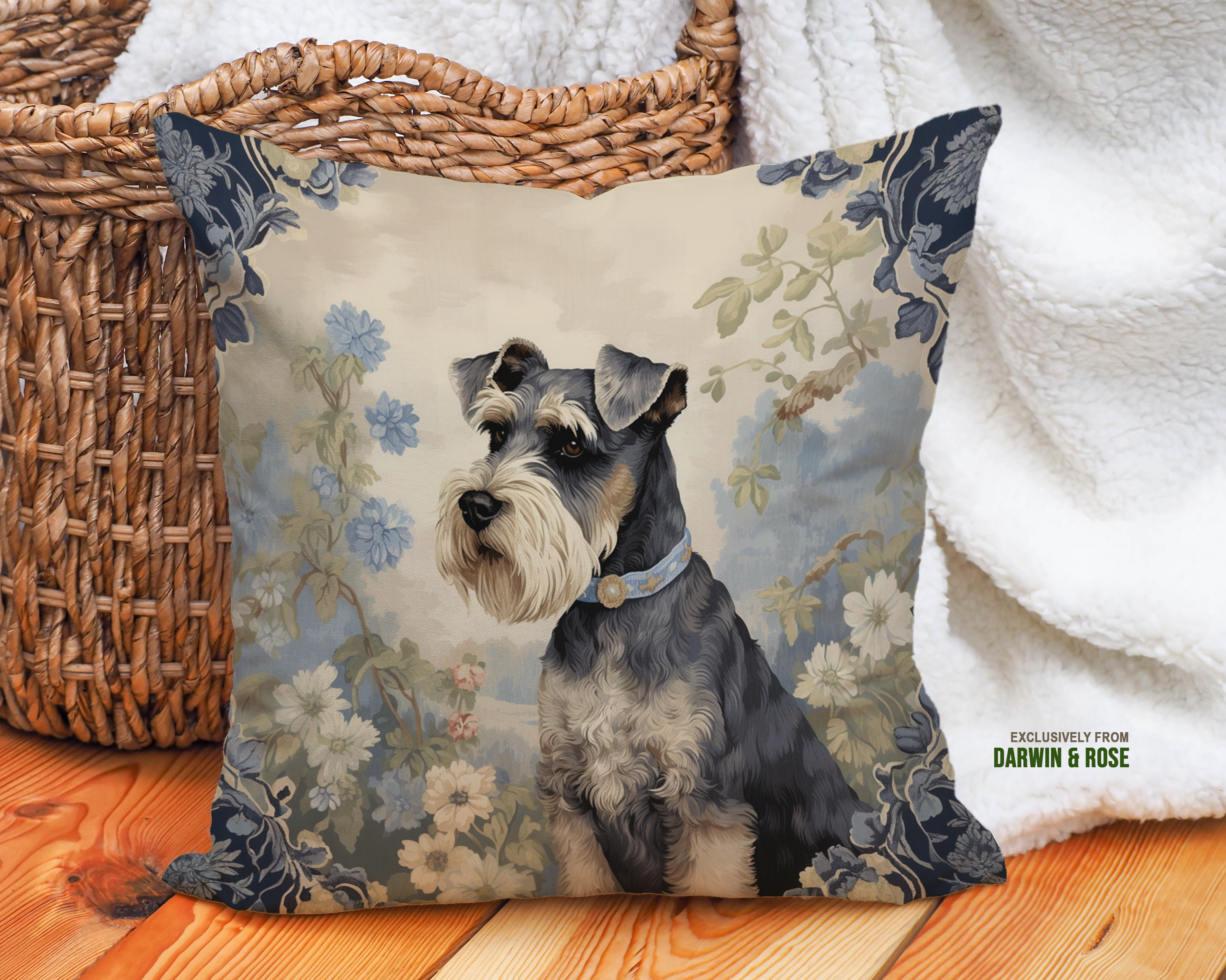 Miniature Schnauzer Vintage Floral Farmhouse Throw Pillow