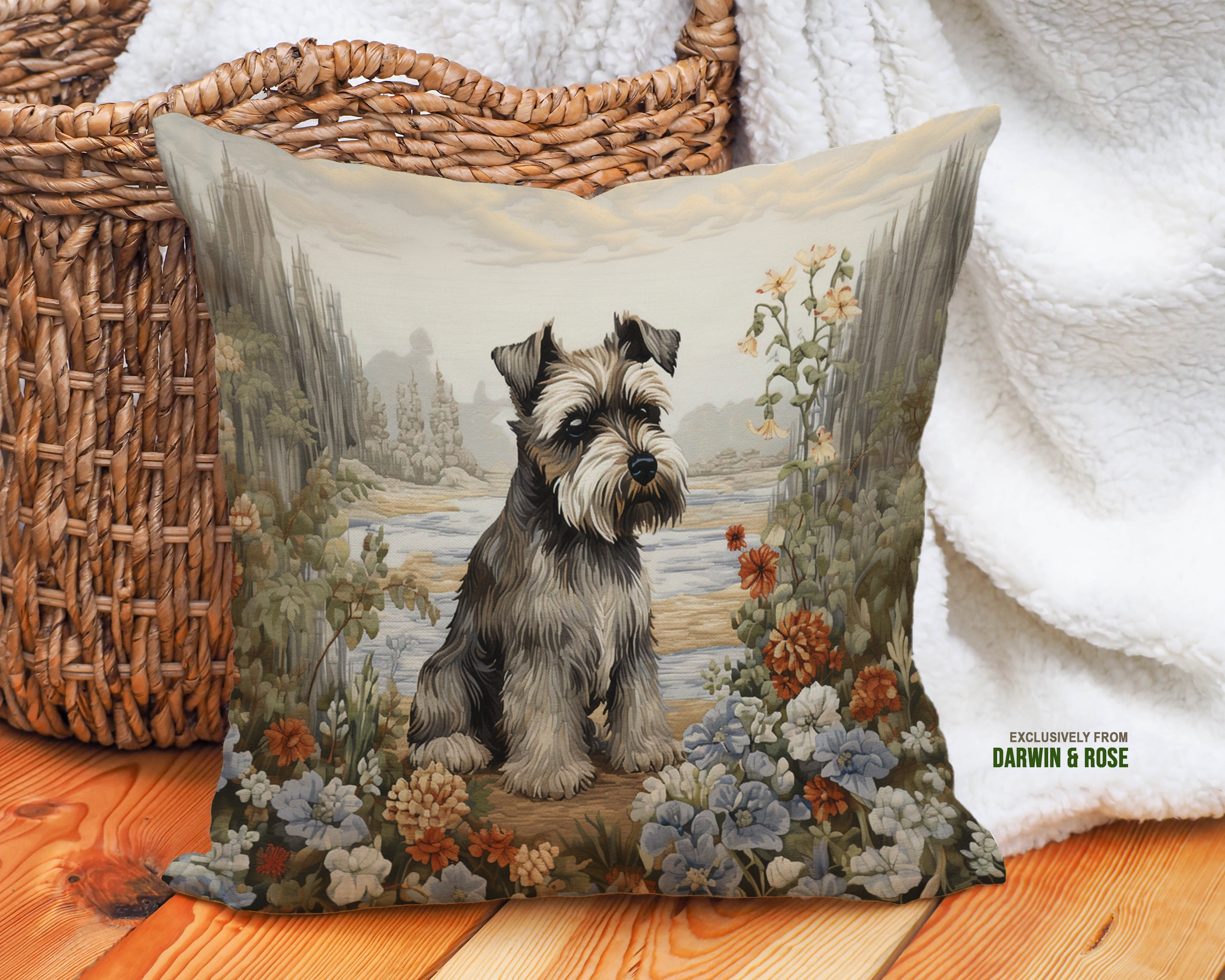 Miniature Schnauzer Floral Meadow Throw Pillow | Rustic Charm Home Décor