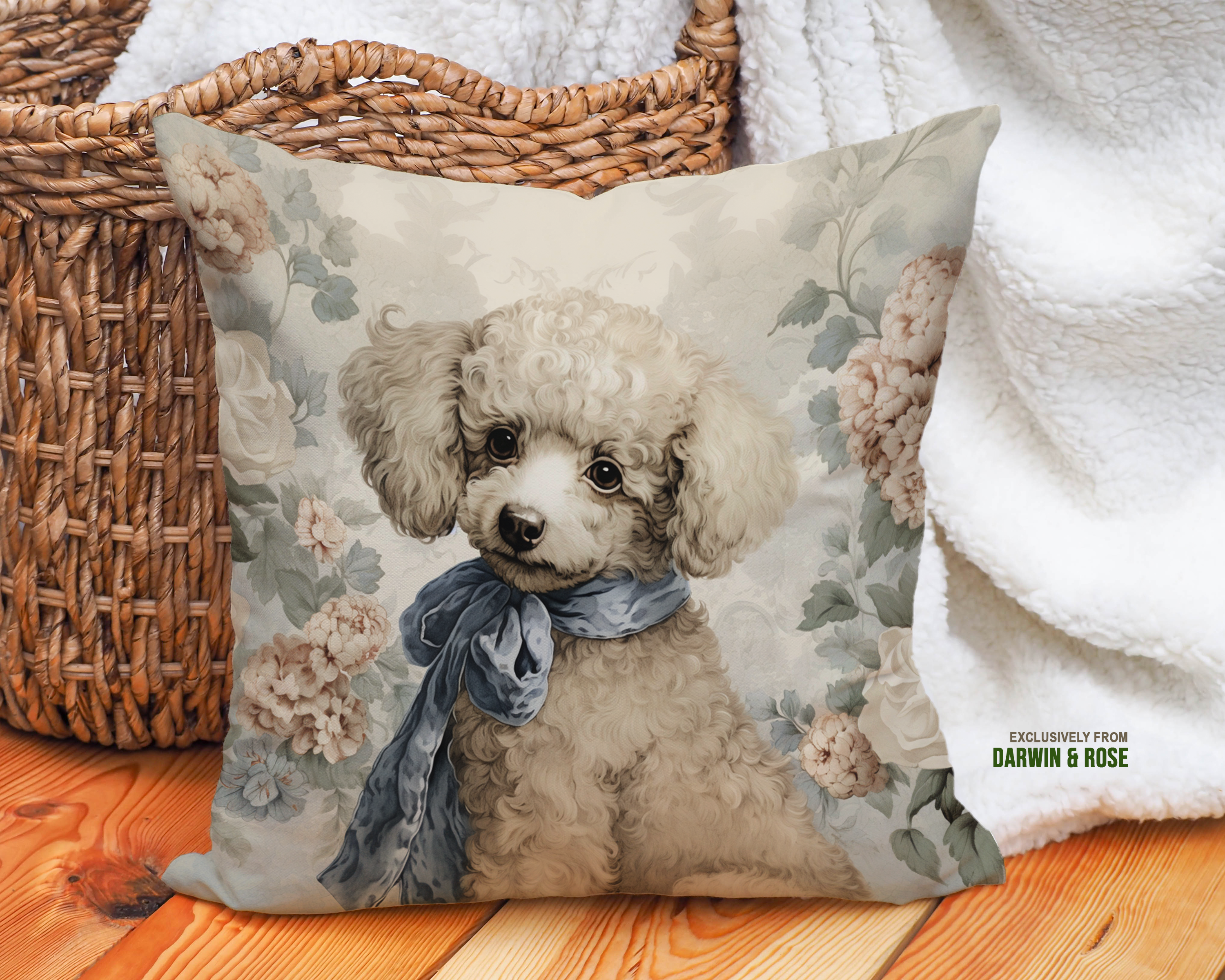 Floral Vintage Poodle Throw Pillow – Elegant Farmhouse Style Decor