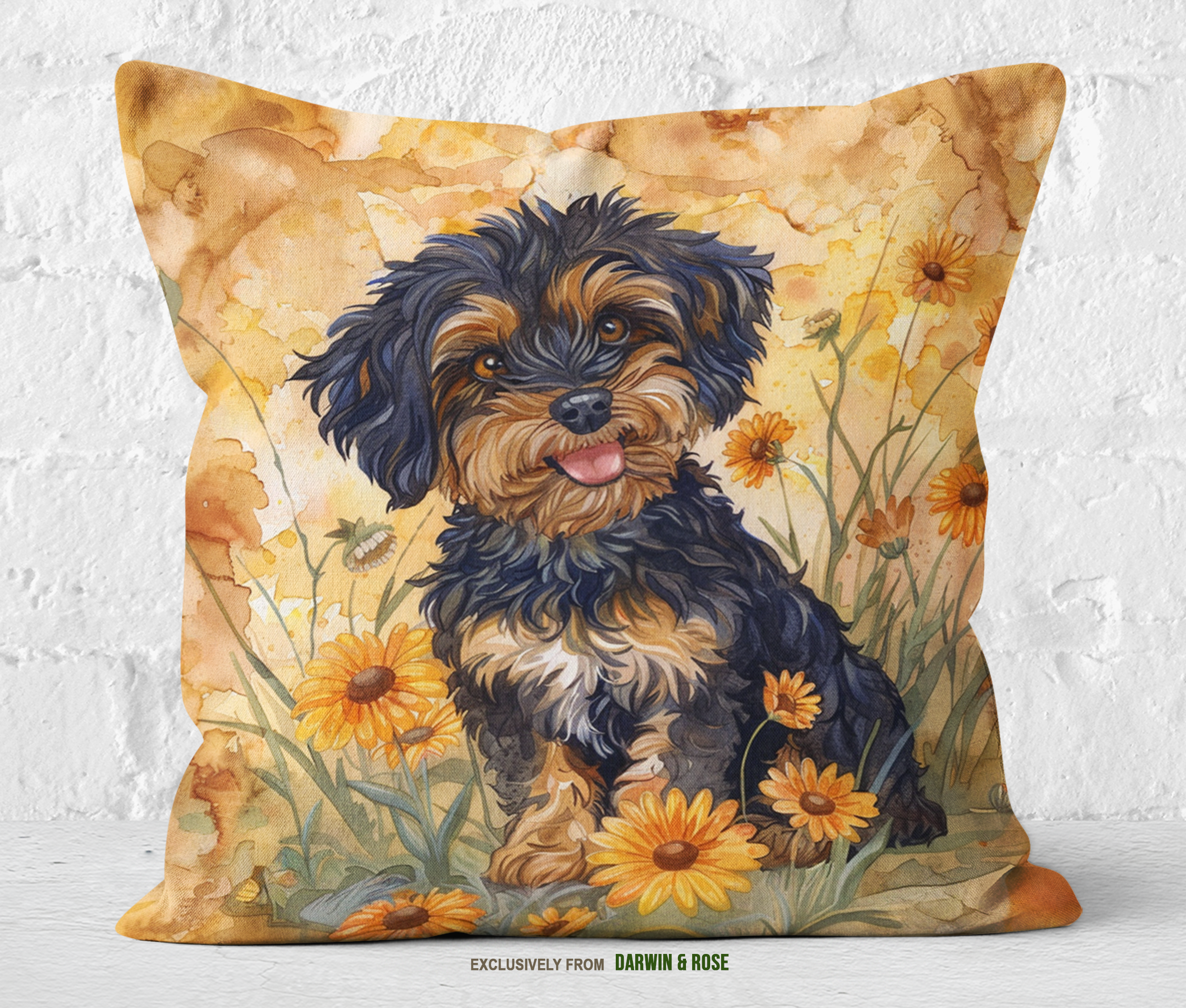 Yorkipoo Sunflower Bliss Throw Pillow – Boho Floral Dog Lover’s Decor