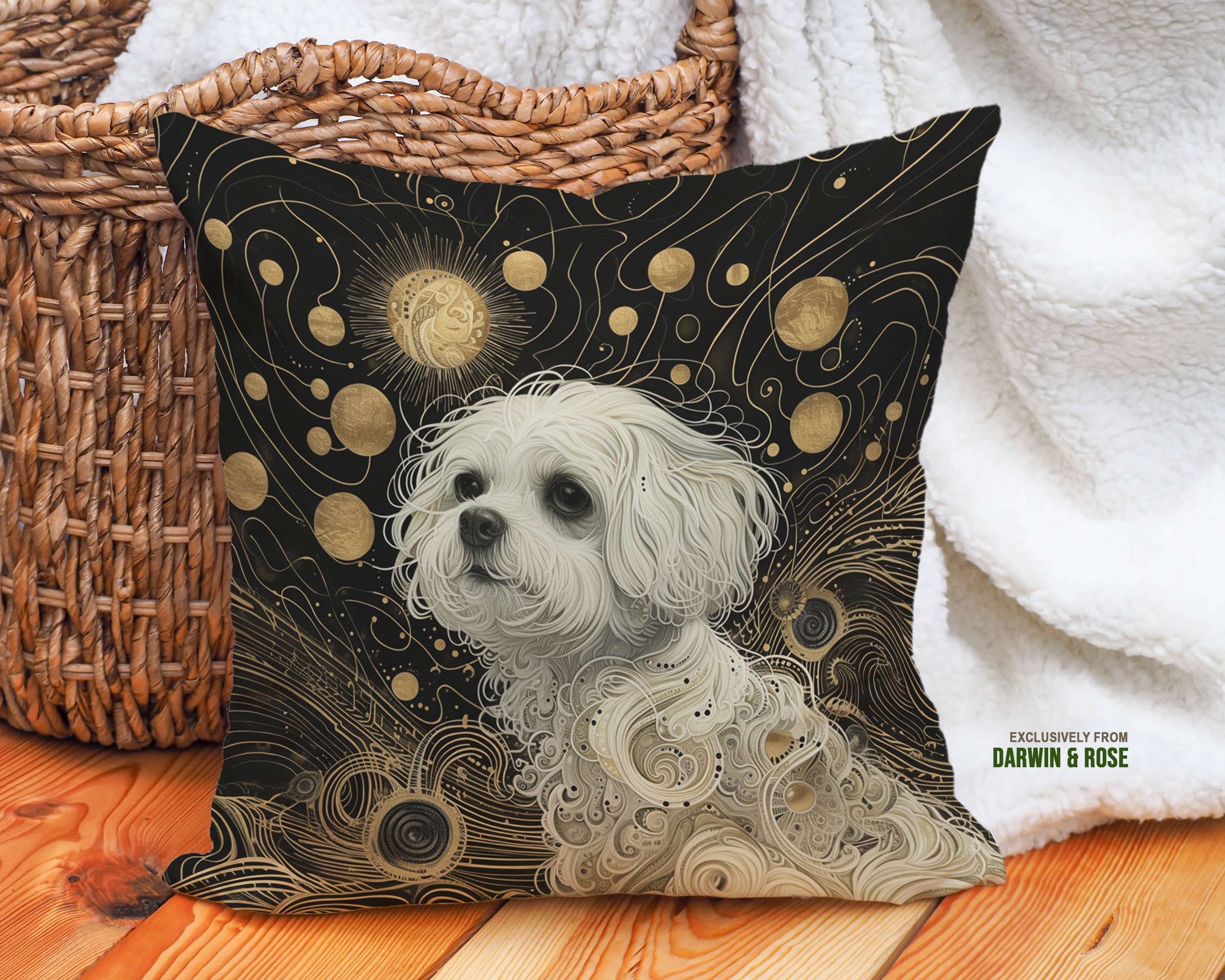 Celestial Maltese Dreams: Modern Black & Gold Throw Pillow