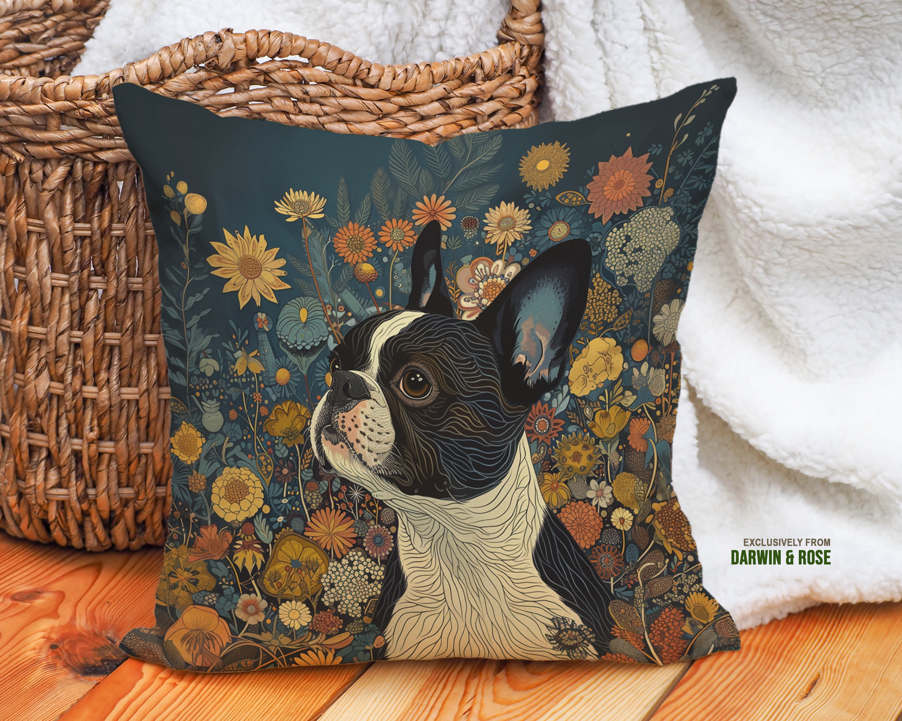 Boston Terrier Floral Charm Throw Pillow – Modern Boho Style