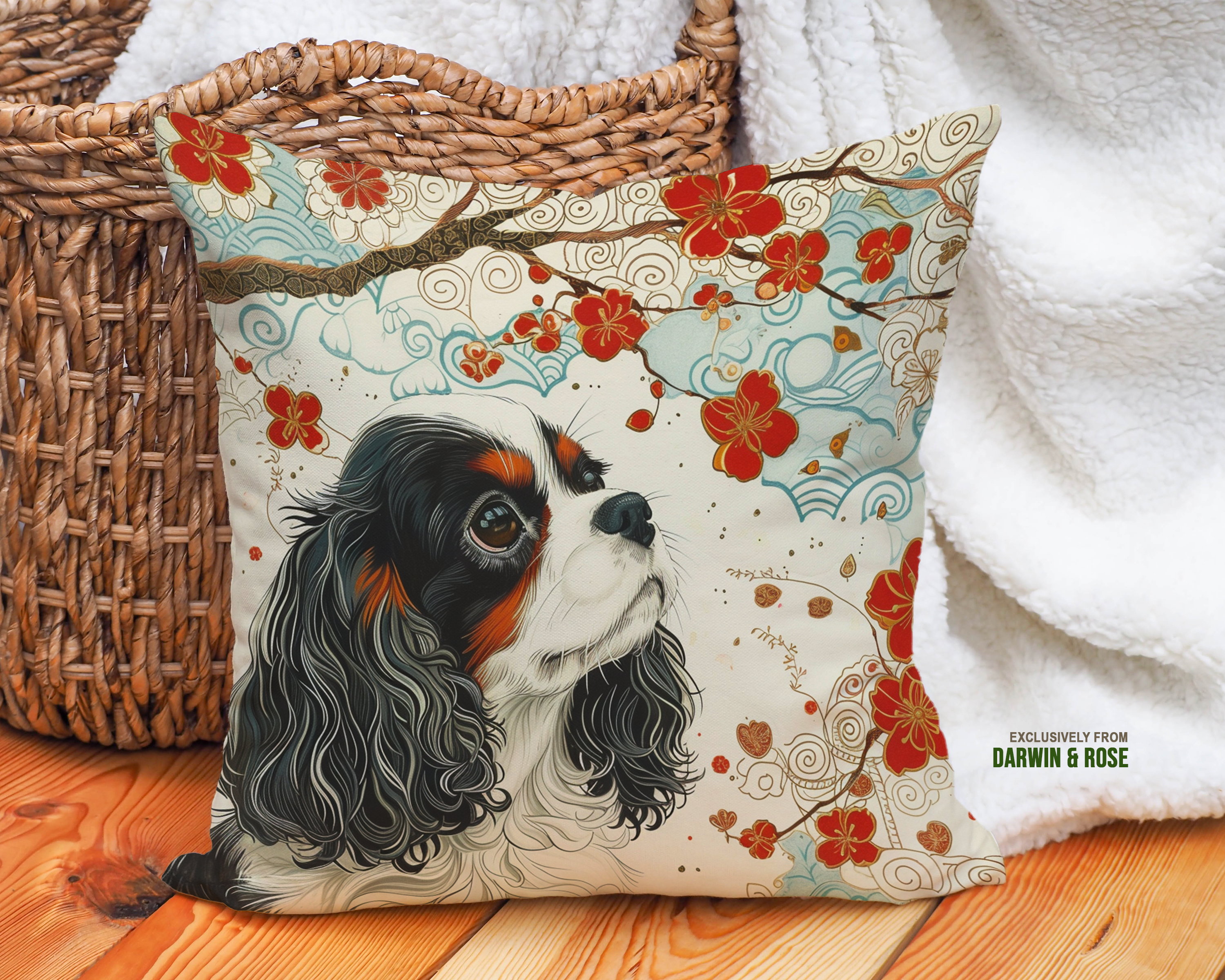 Cavalier King Charles Spaniel Bloom Throw Pillow - Elegant Boho Decor