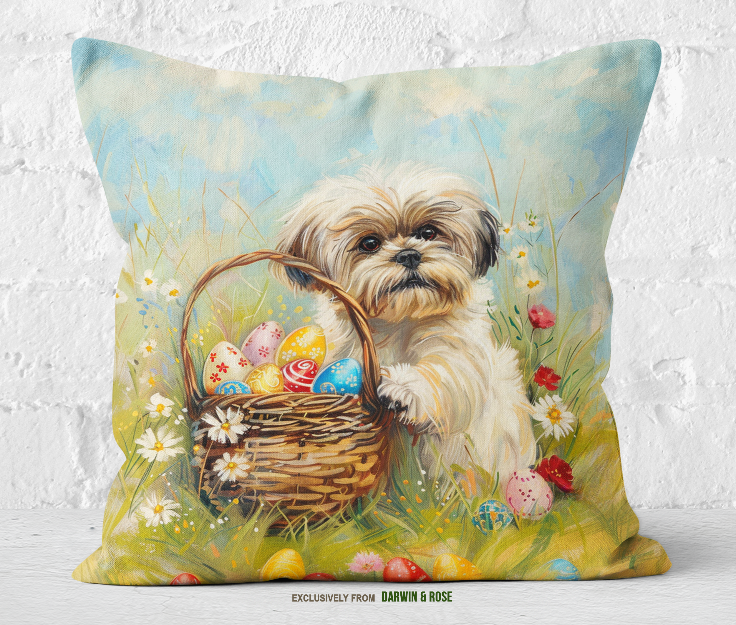 Easter Meadow Shih Tzu Throw Pillow – Whimsical Farmhouse Decor