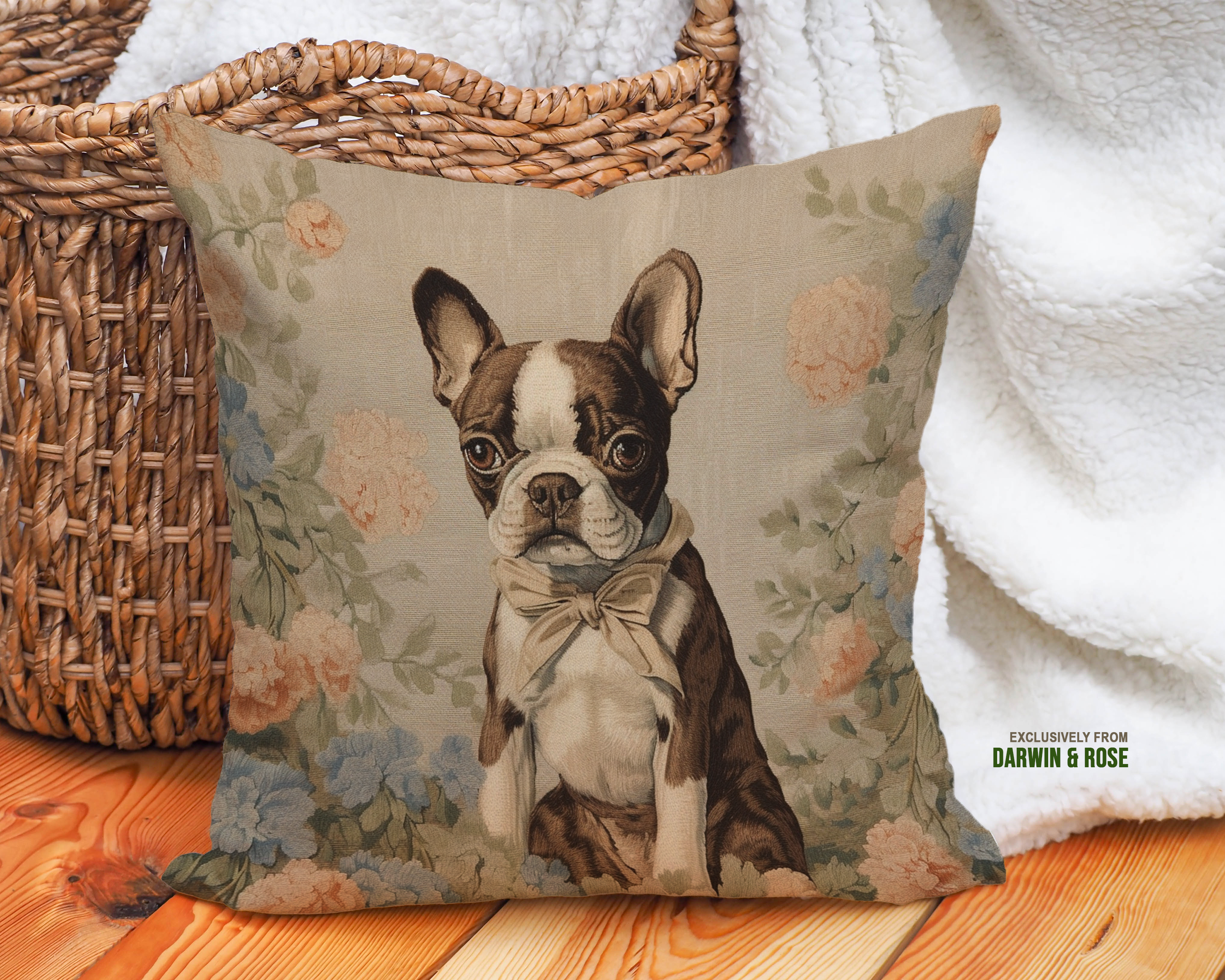 Brown Boston Terrier Floral Vintage Throw Pillow - Farmhouse Chic Home Decor