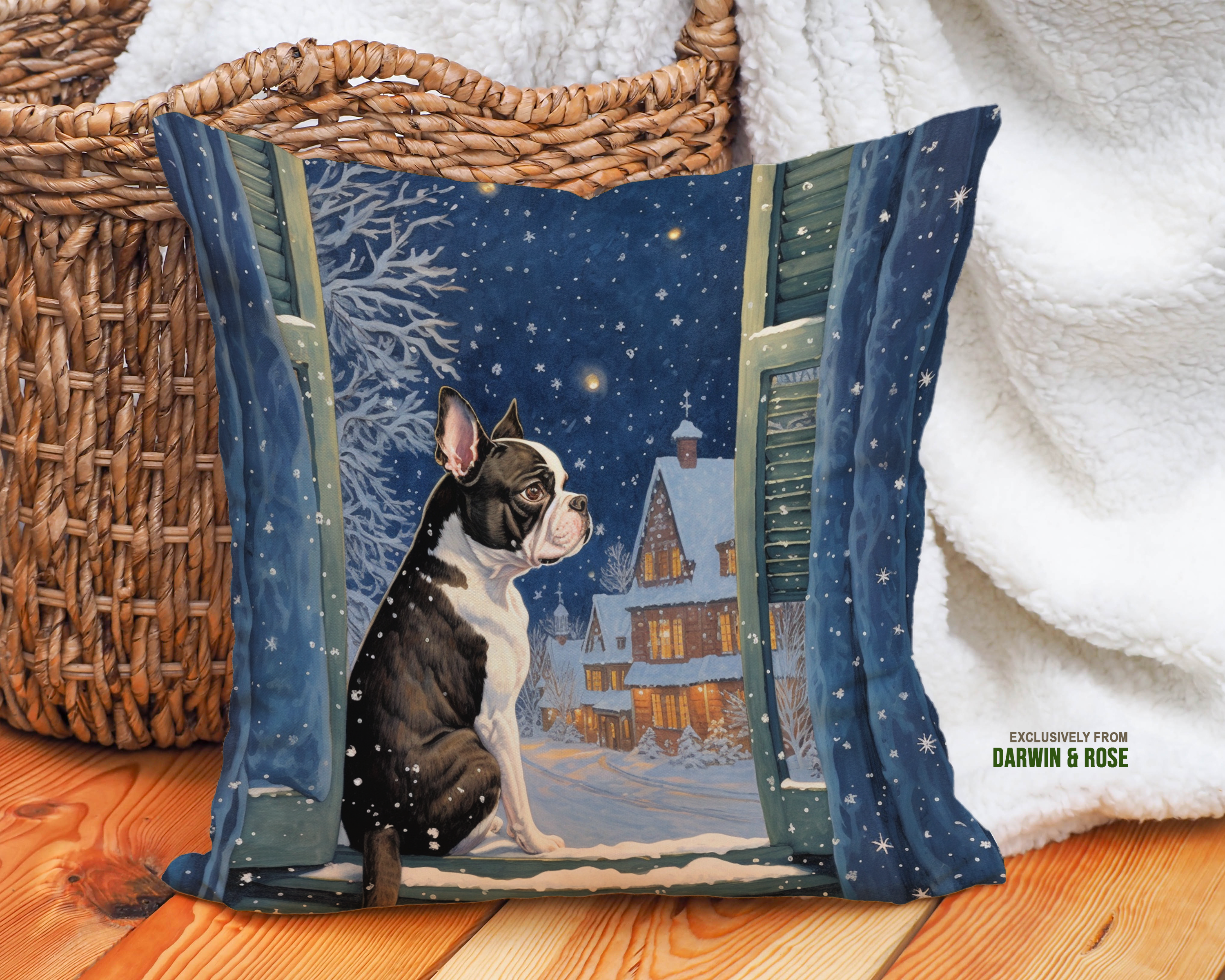Boston Terrier Winter Wonderland Throw Pillow, Cozy Christmas Décor