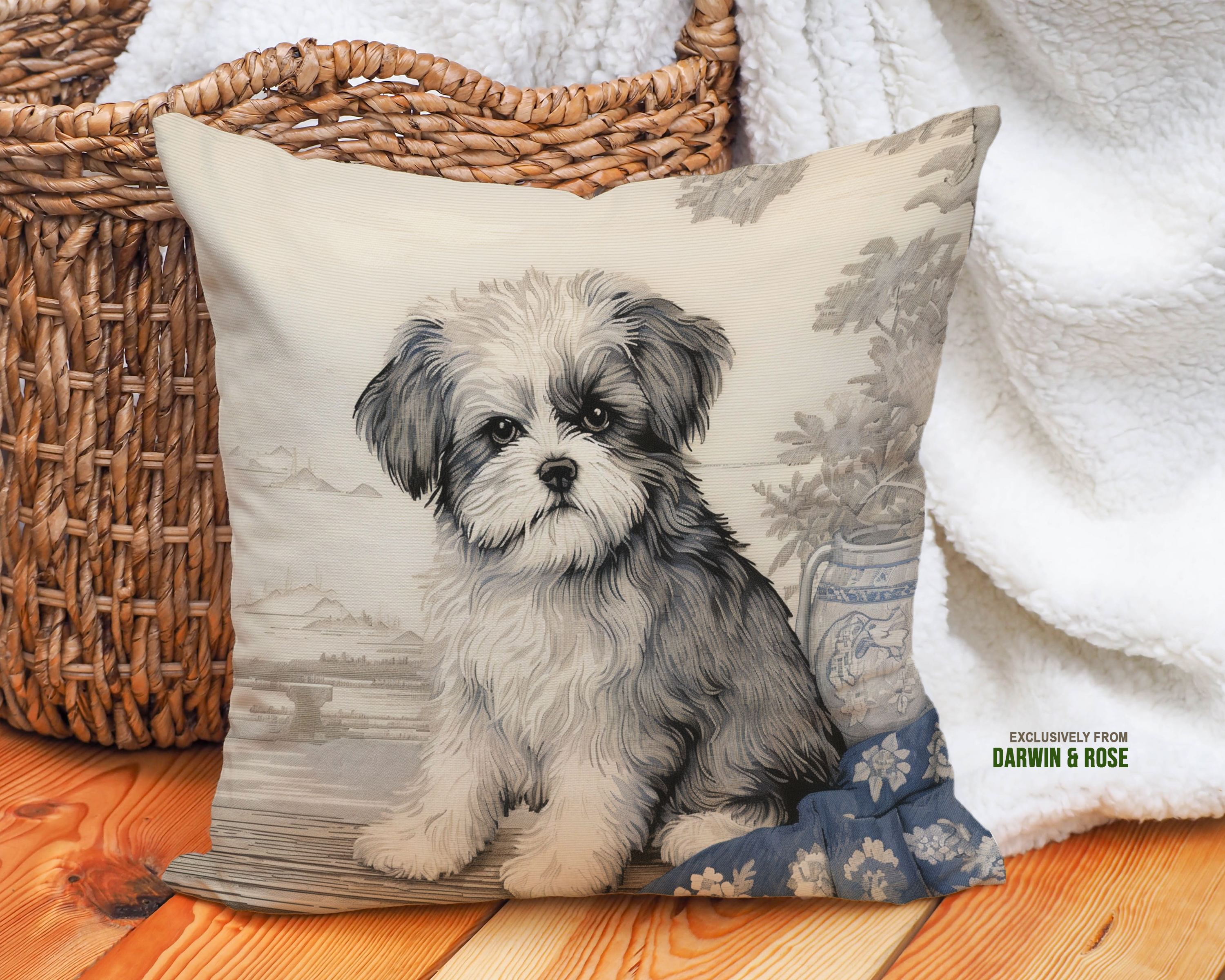 Shih Tzu Elegance in Blue - Chinoiserie-Inspired Modern Throw Pillow