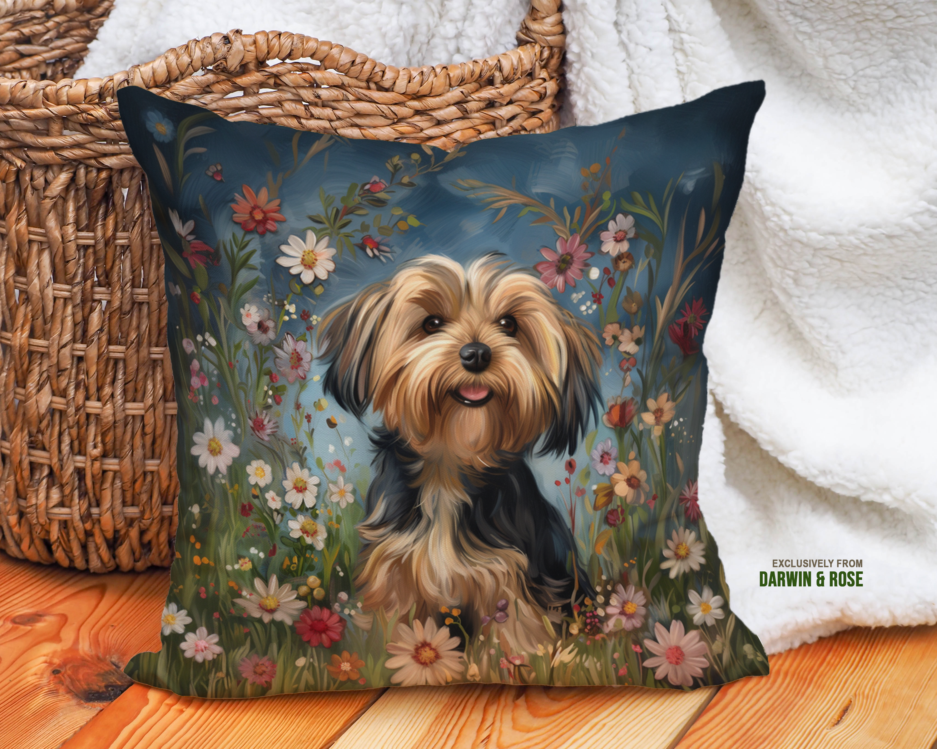 Floral Meadow Yorkipoo Throw Pillow – Whimsical Boho Dog Lover’s Decor