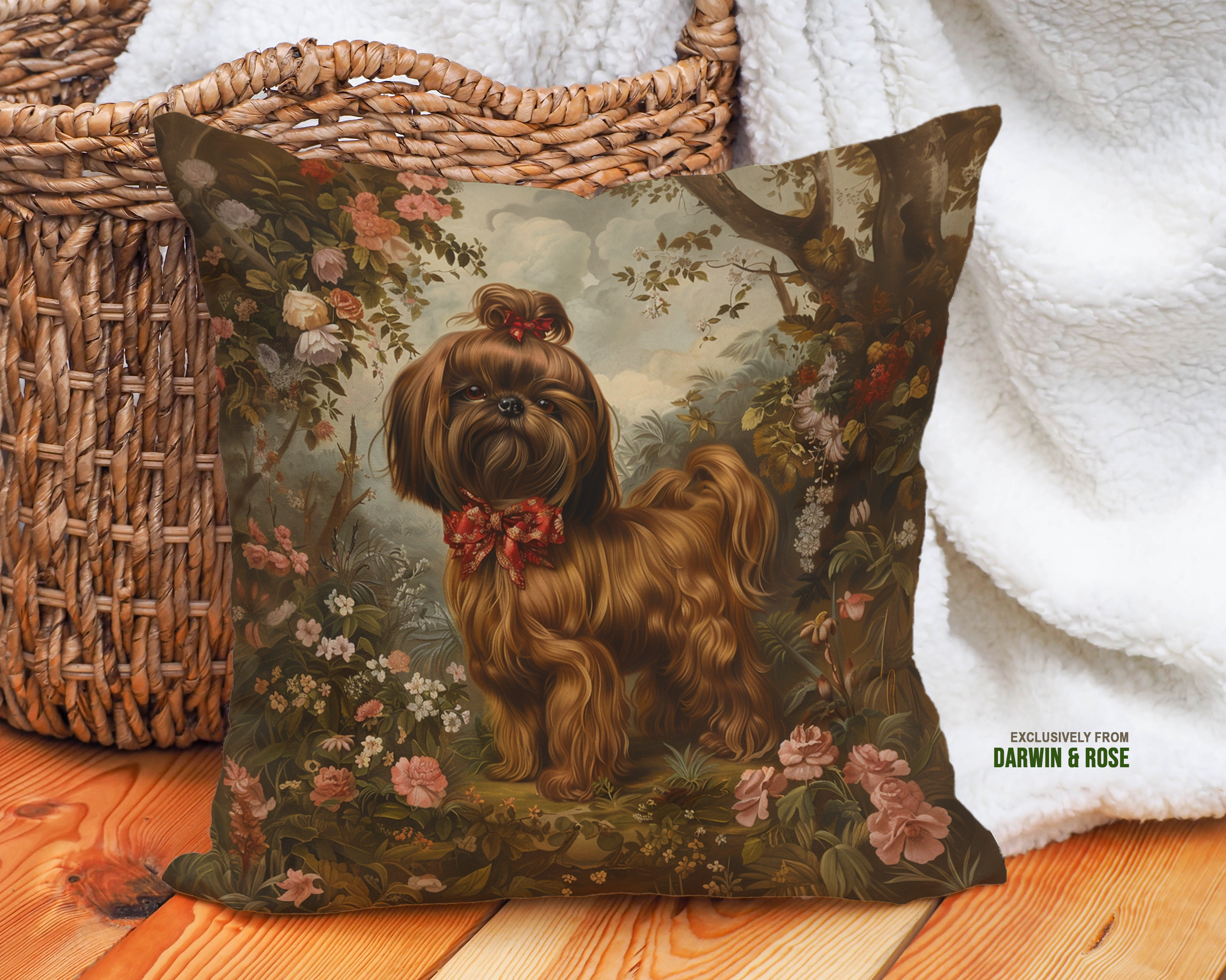 Regal Shih Tzu Throw Pillow – Vintage Floral Charm for Dog Lovers
