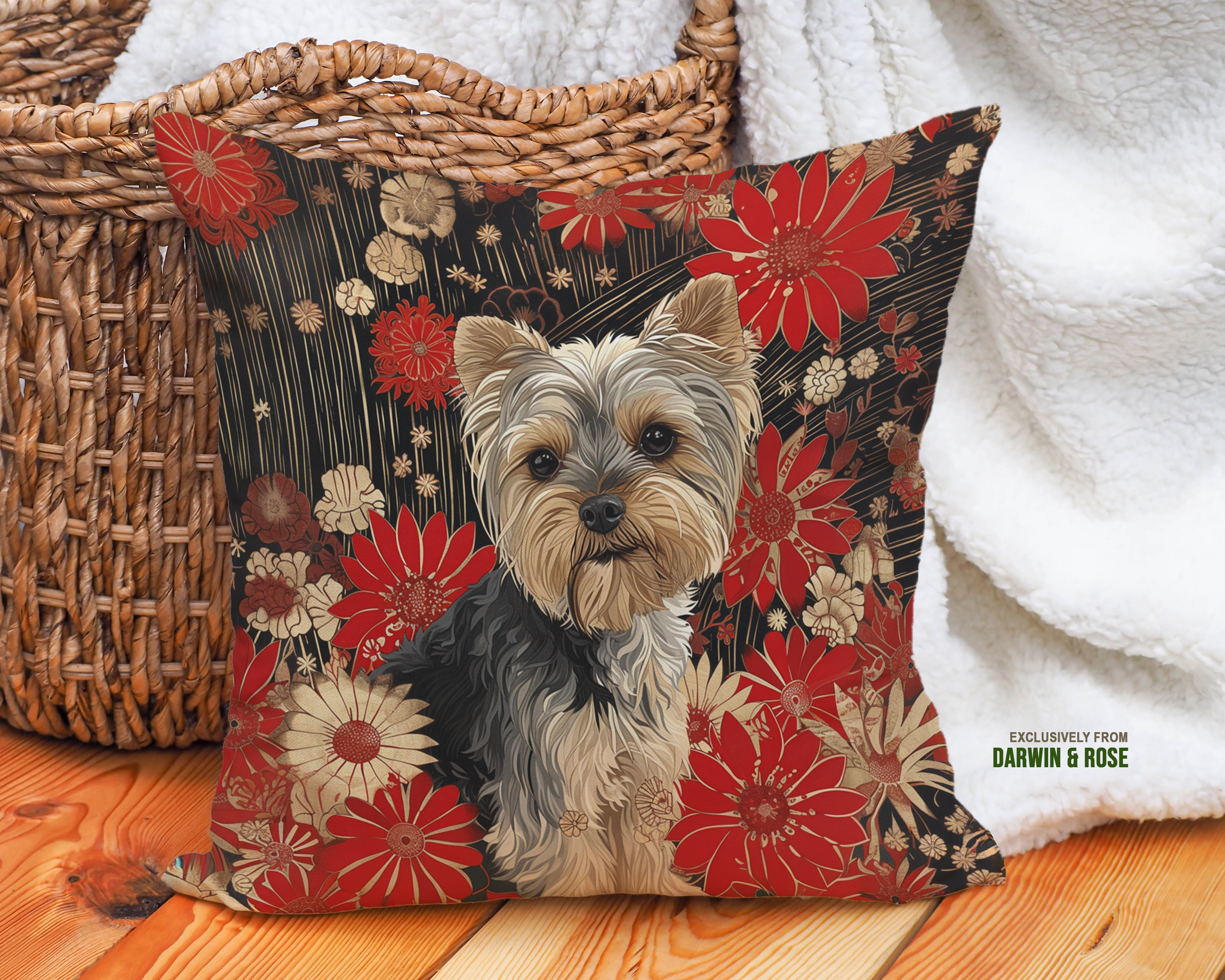 Yorkshire Terrier Elegance Floral Throw Pillow – Modern & Chic Home Décor