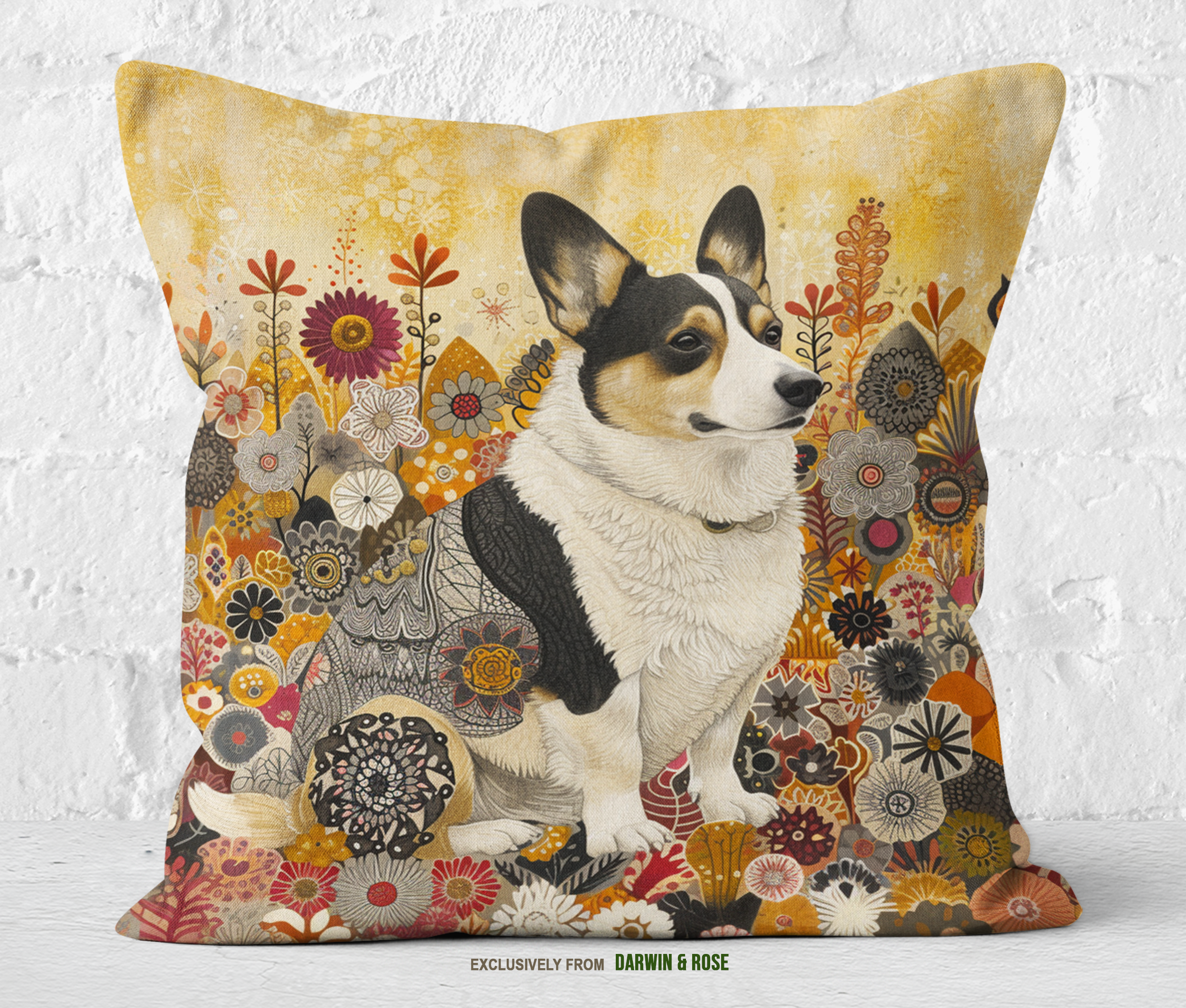 Cardigan Welsh Corgi Autumn Blooms Throw Pillow – Boho Floral Decor