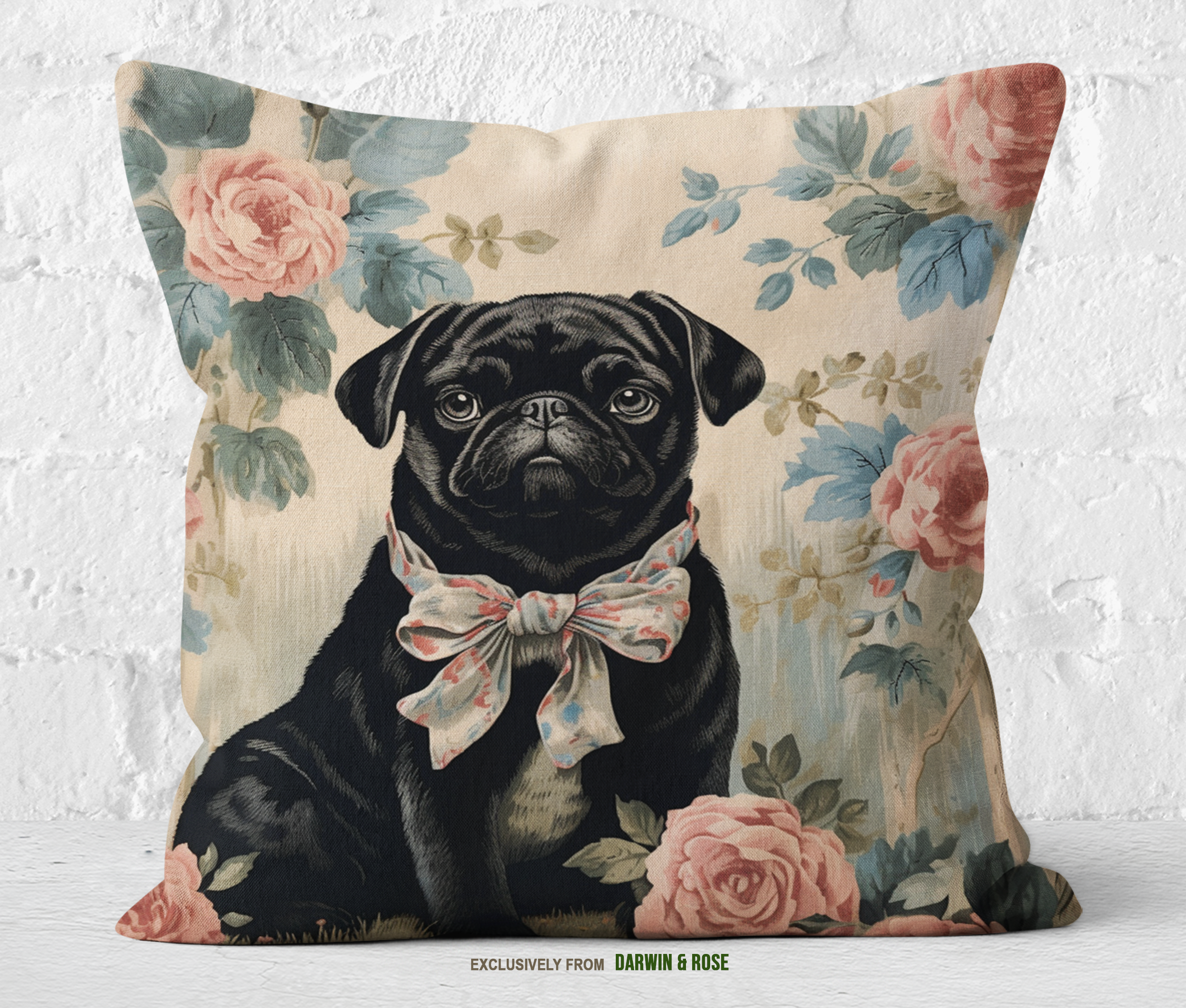 Vintage Pug Charm Floral Throw Pillow – Victorian-Inspired Décor Design
