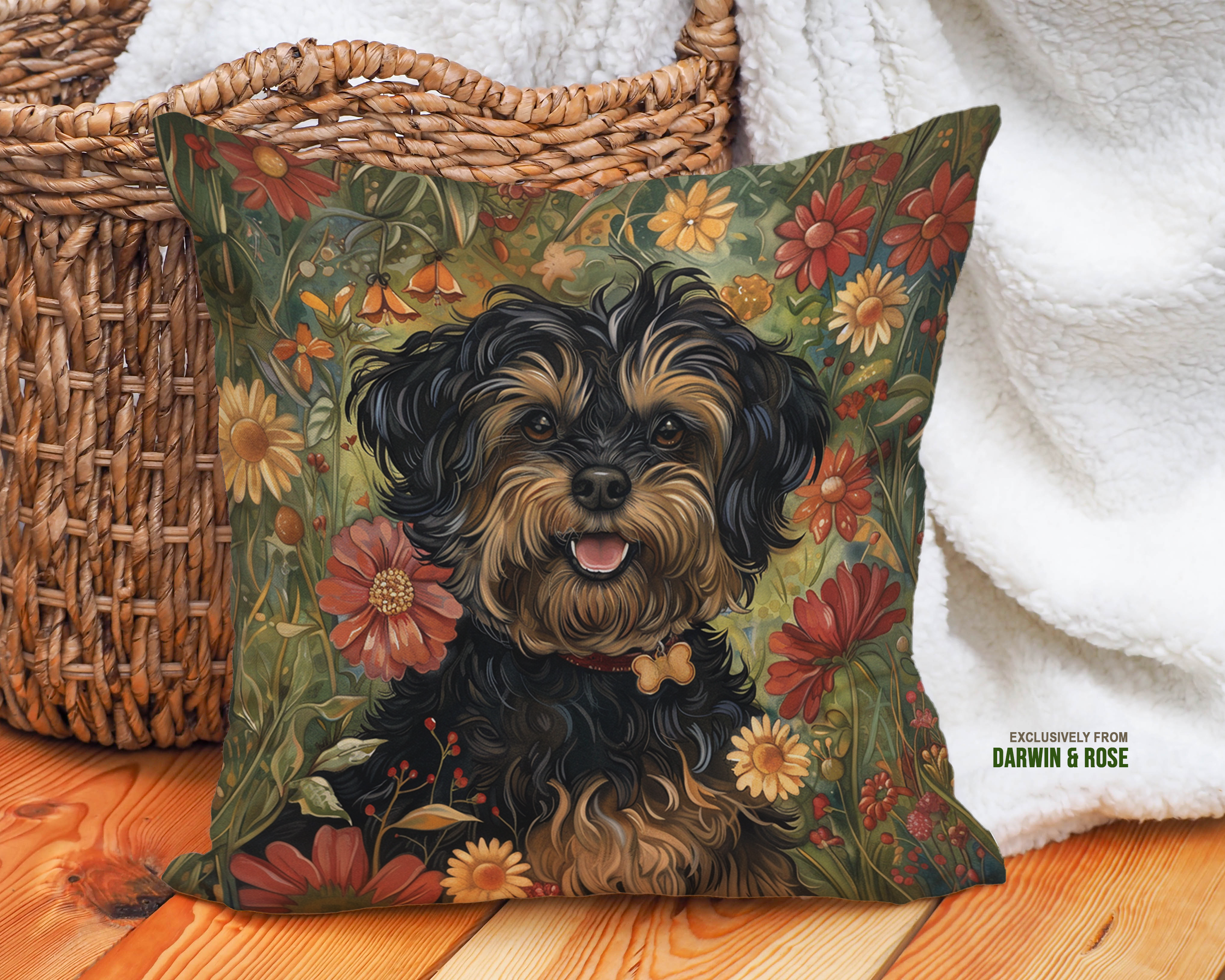Yorkipoo Floral Charm Throw Pillow – Boho Style Home Décor