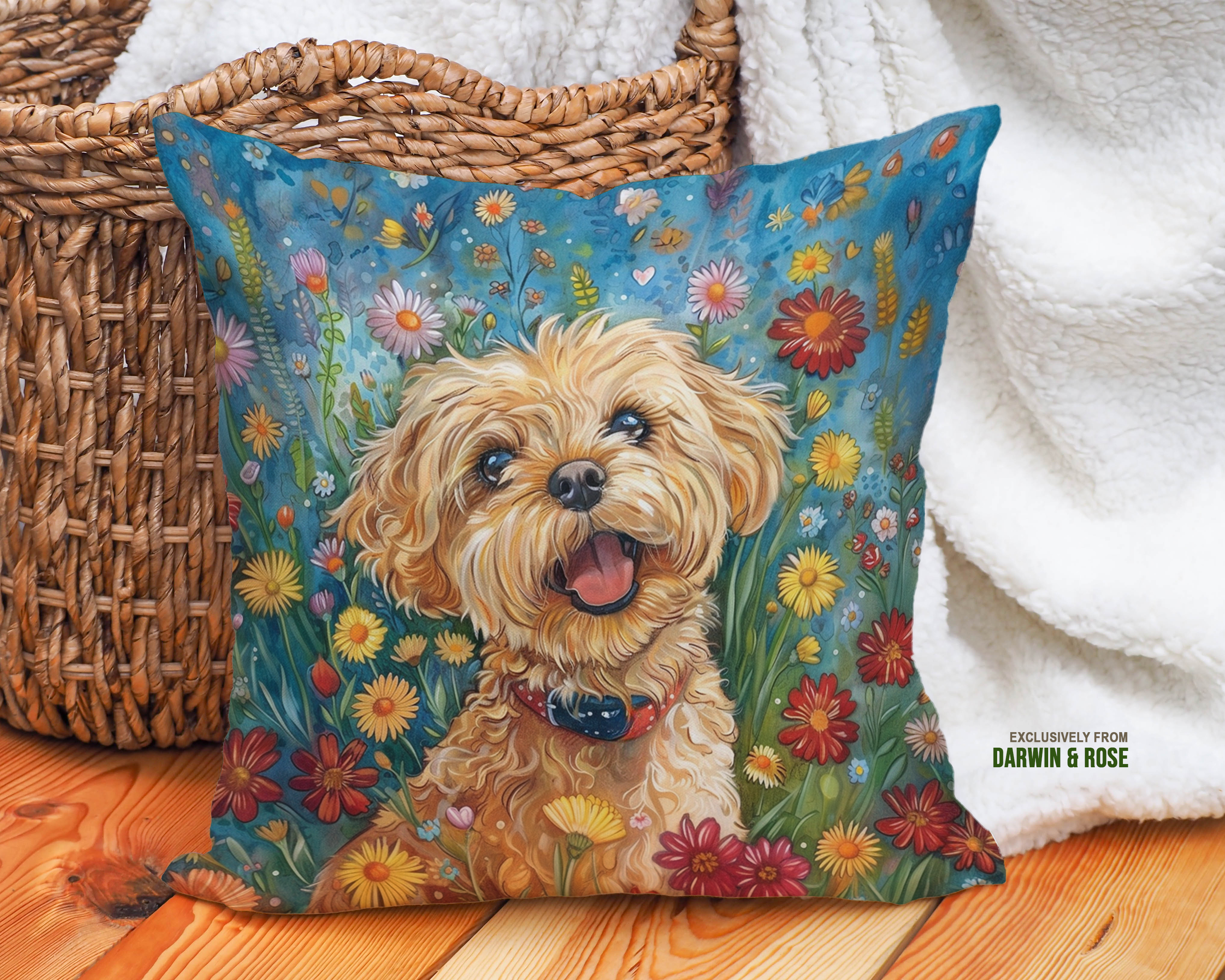 Yorkipoo Bloom Garden Throw Pillow - Whimsical Boho Decor