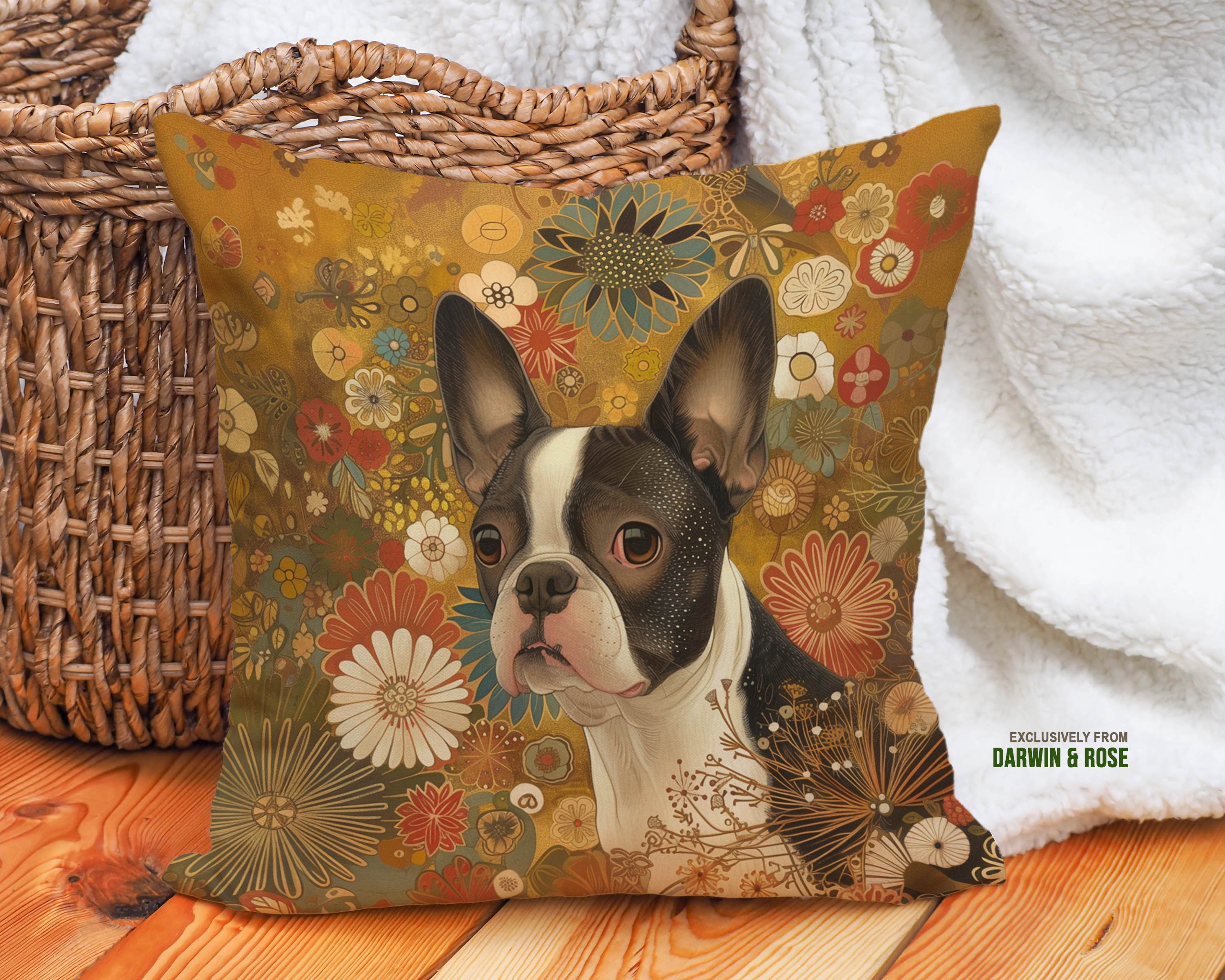 Boston Terrier Floral Charm Throw Pillow – Modern Boho Dog Lover Décor