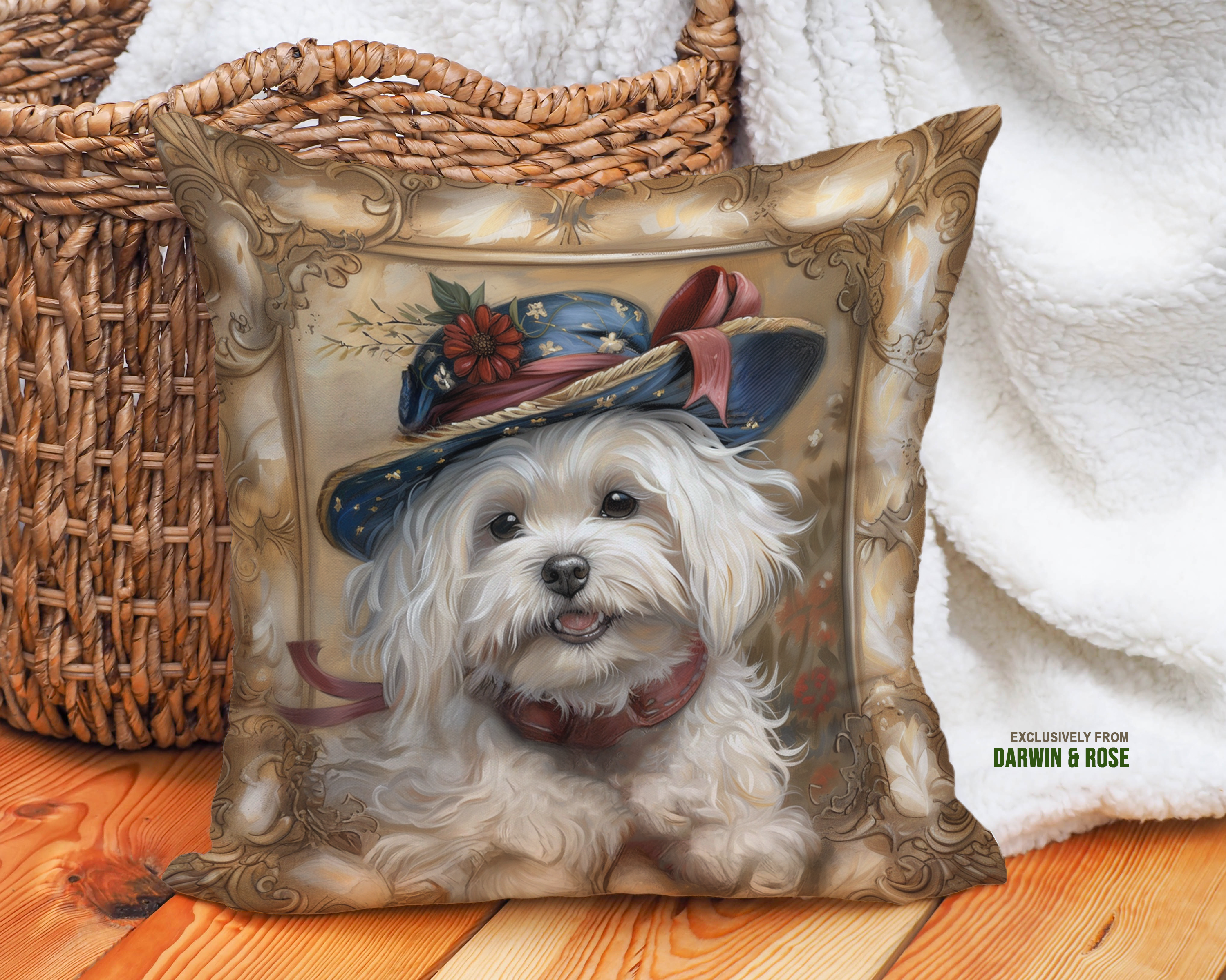 Maltese Elegance Throw Pillow – Vintage Charm with a Festive Twist