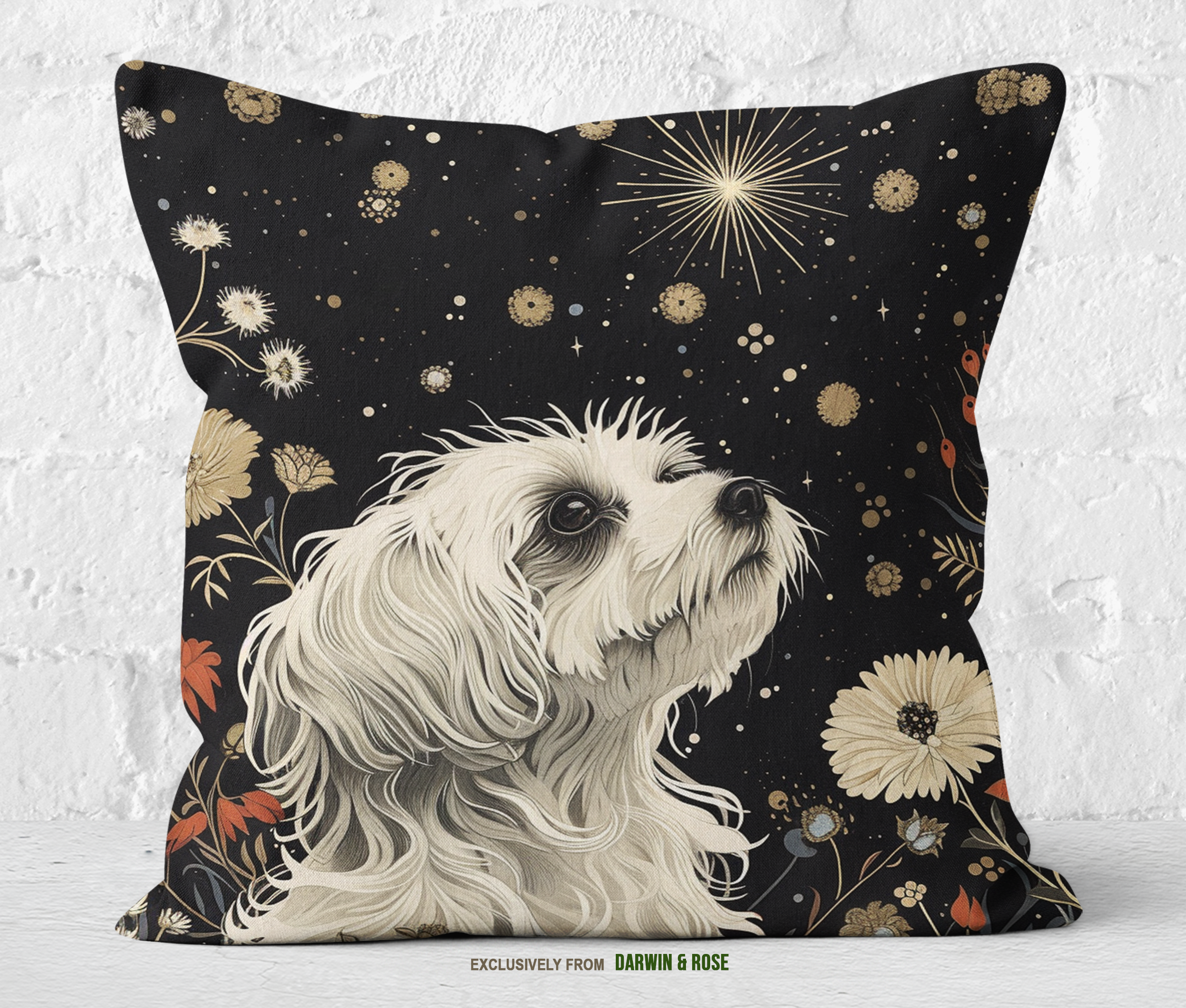 Starry Night Maltese Modern Boho Throw Pillow