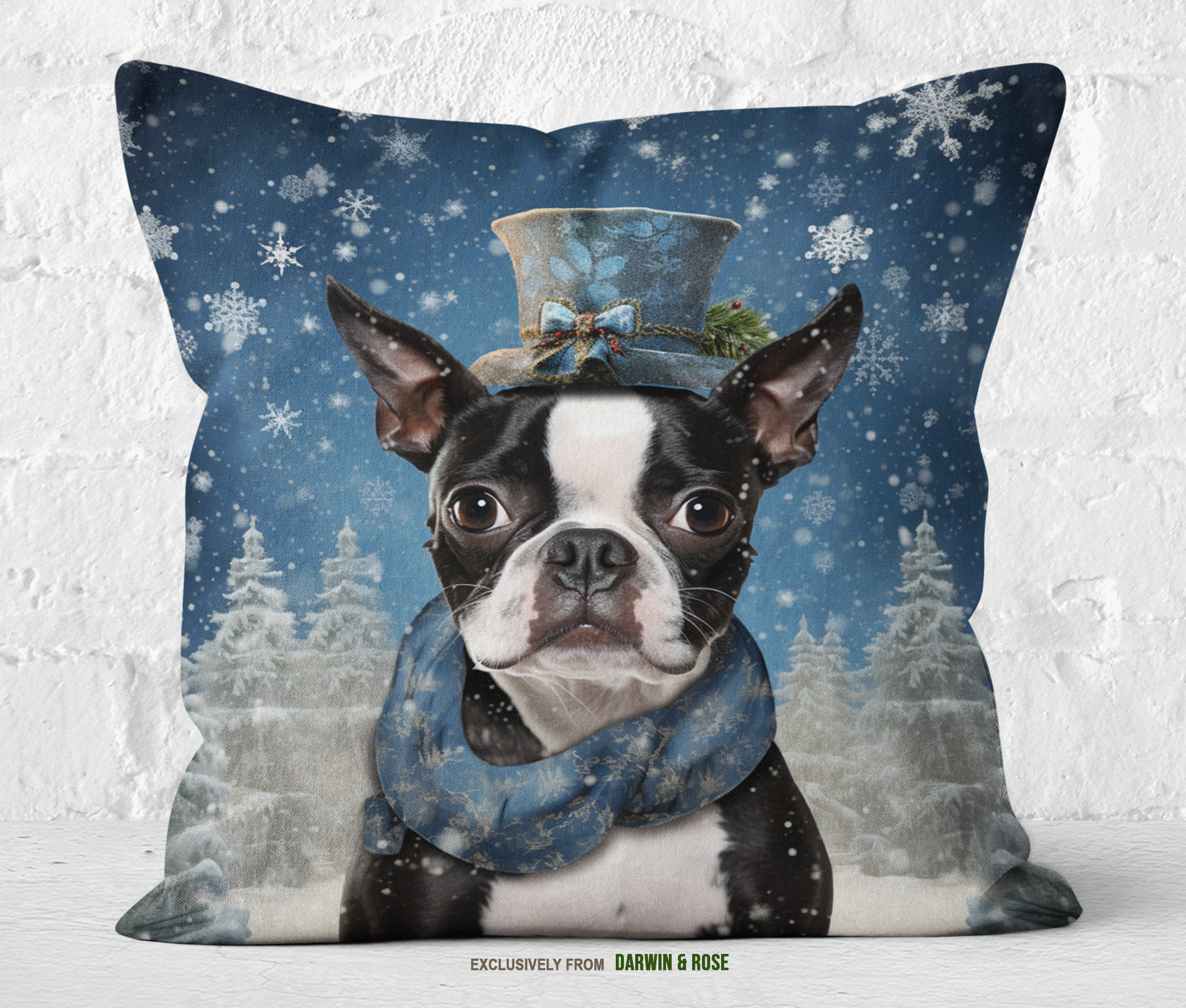 Boston Terrier Winter Wonderland Throw Pillow