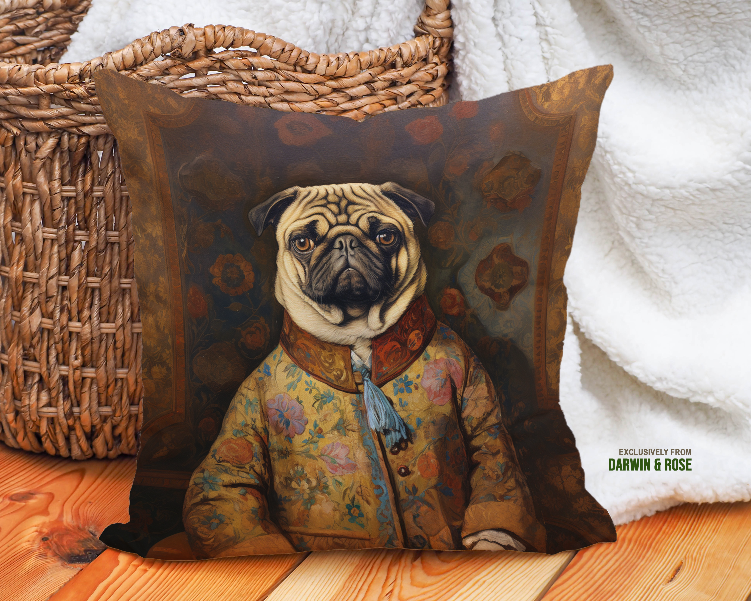 Regal Pug Portrait Throw Pillow - Vintage Baroque Style Decor