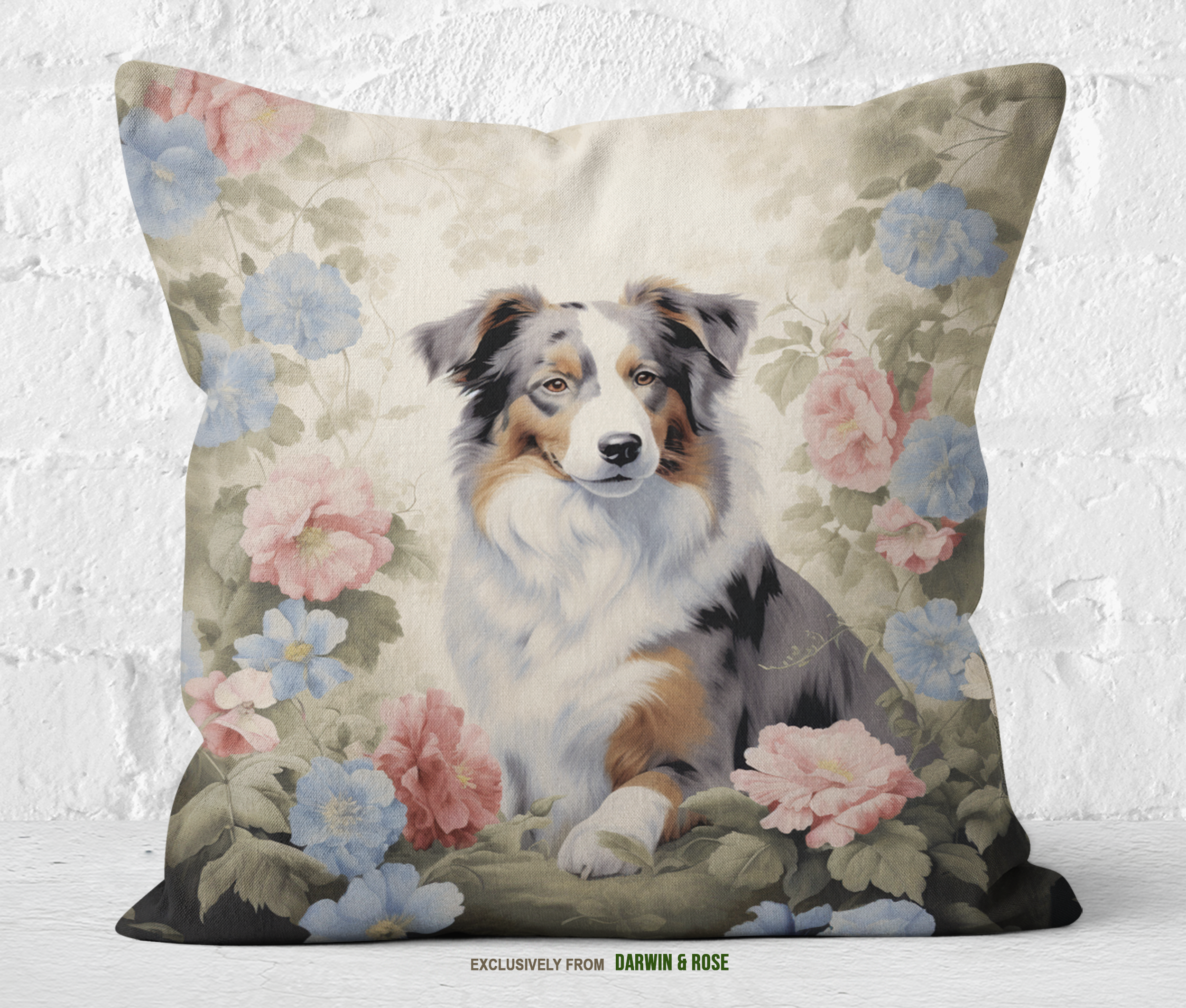 Floral Elegance Australian Shepherd Throw Pillow – Vintage Farmhouse Style