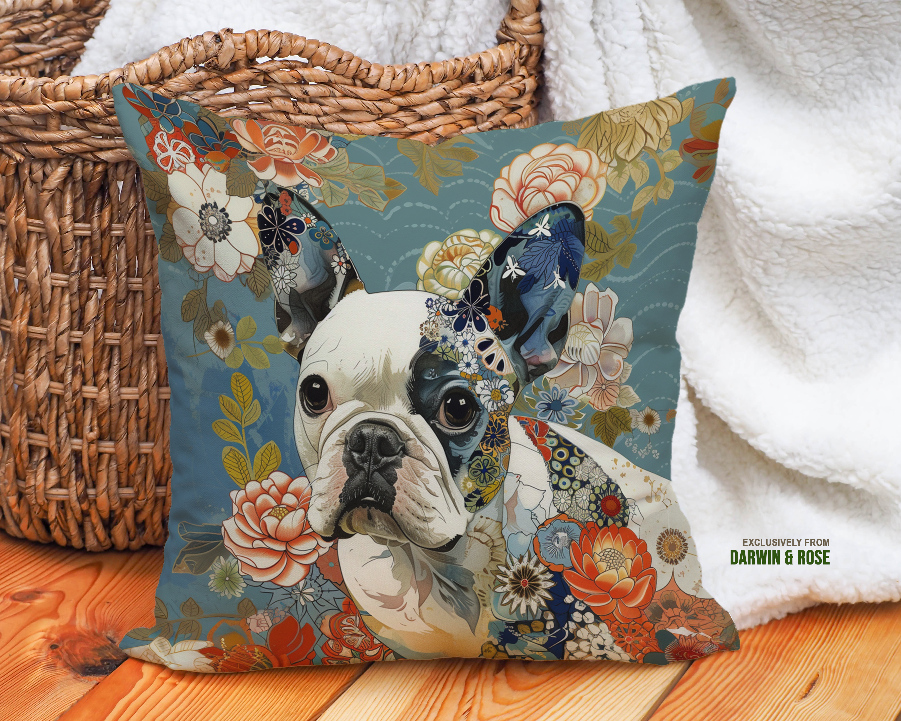 French Bulldog Floral Patchwork Throw Pillow – Modern & Vibrant Home Décor