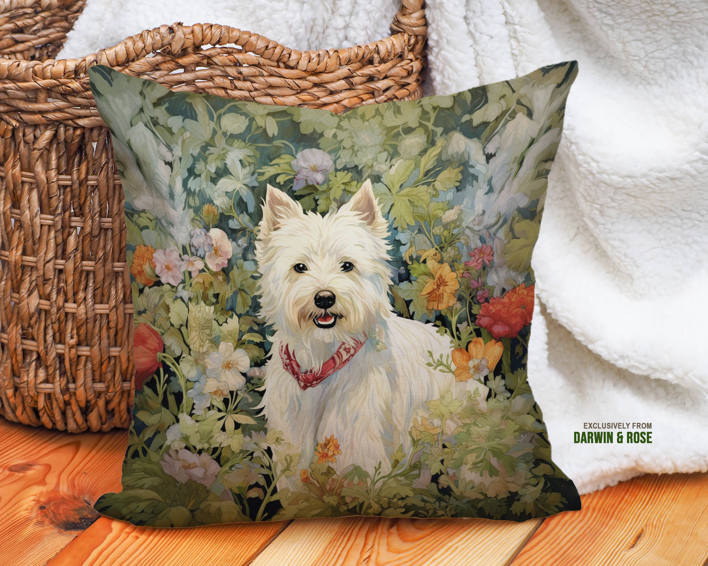 Westie Bliss Botanical Throw Pillow - Vintage Farmhouse Style