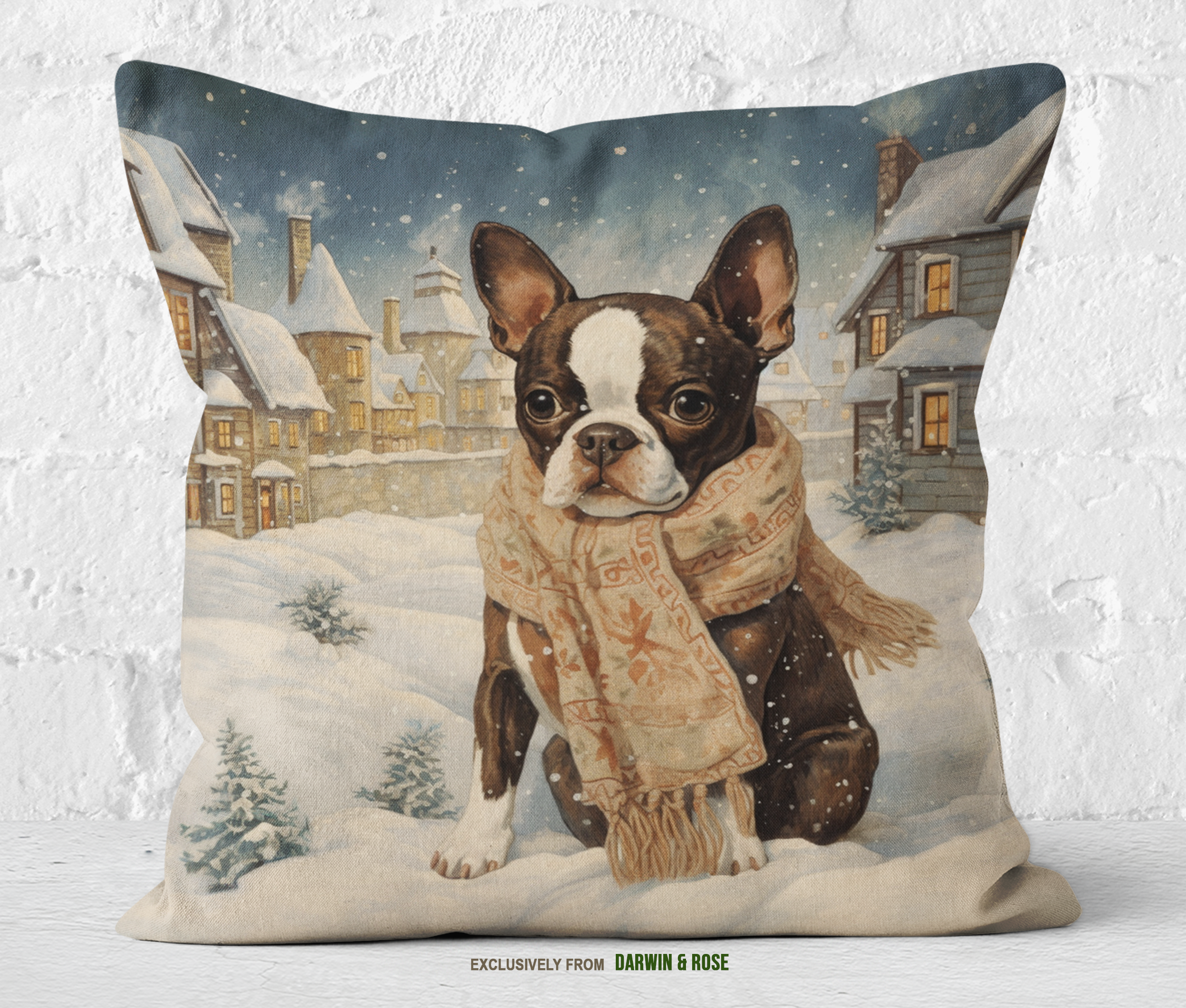 Boston Terrier Winter Village Throw Pillow