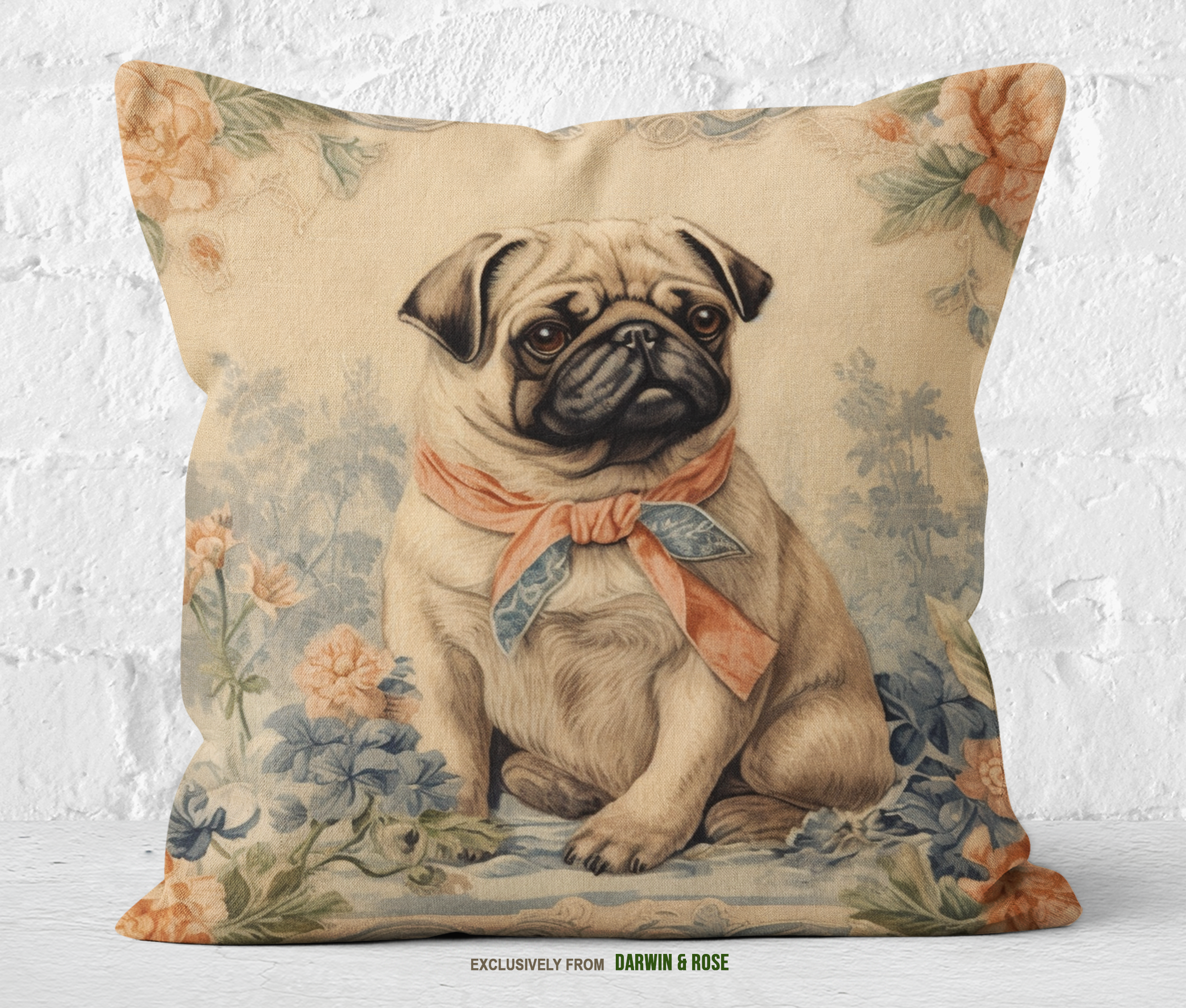 Vintage Floral Pug Throw Pillow – Cottagecore Style Home Décor