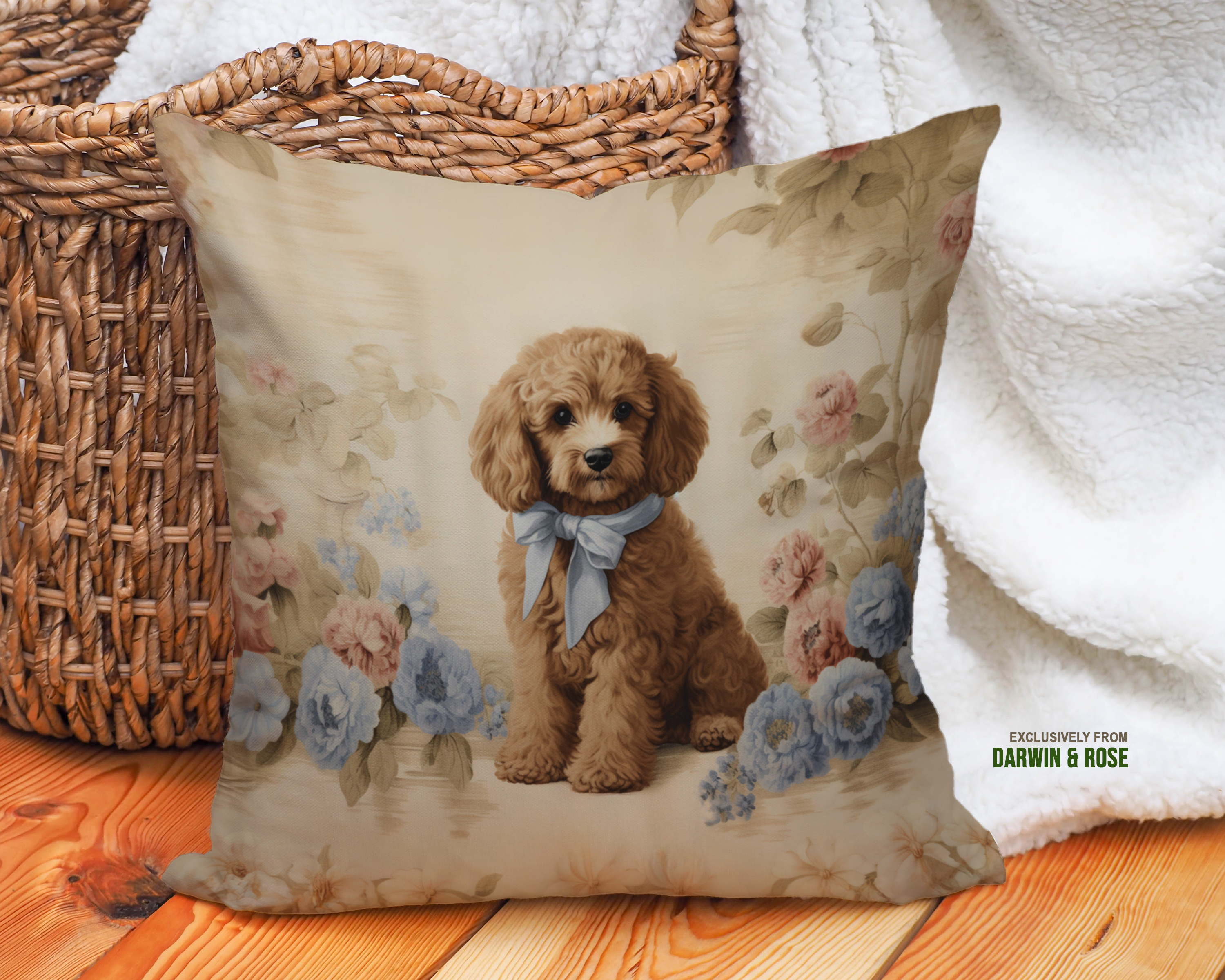 Cavapoo Charm Floral Throw Pillow - Vintage Cottagecore Style
